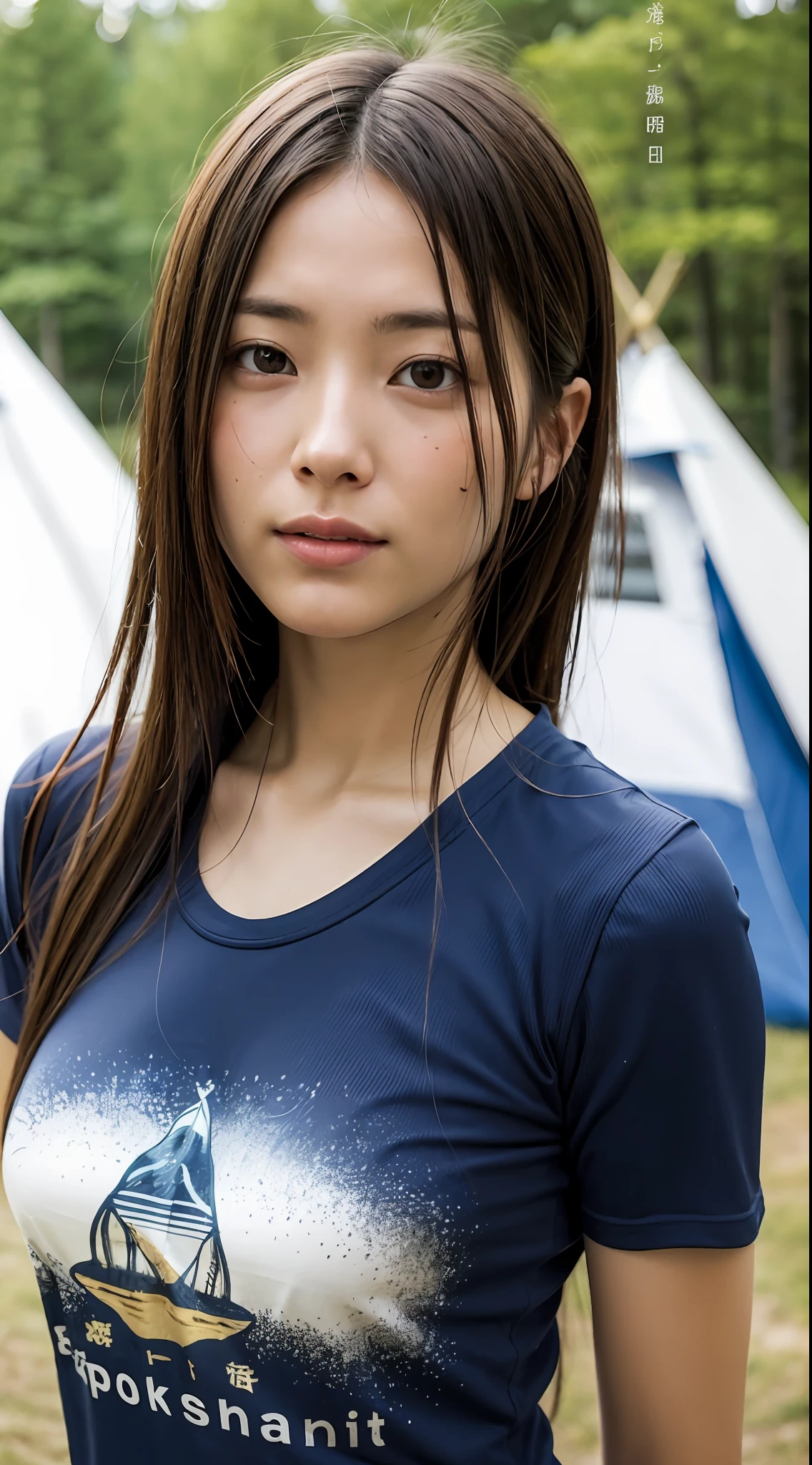 doress、(Photorealsitic:1.4)、(hyper realisitic:1.4)、(realisitic:1.3)、(Smooth lighting:1.05)、(Improved lighting quality in movies:0.9)、32K、1girl in、20 years girl、Realistic lighting、Back lighting、Facial light、raytrace、(brightened light:1.2)、(enhanced quality:1.4)、(Top quality real texture skins:1.4)、finely eye、finerly detailed face、Fine quality eye、(Tired, sleepy and satisfied:0.0)、 close up of face、tshirts、(enhance body line mood:1.1)、(Increase the beauty of skin texture:1.1)、((fukada kyoko))、bicycle、Lakes in Switzerland、teepee、campsite
