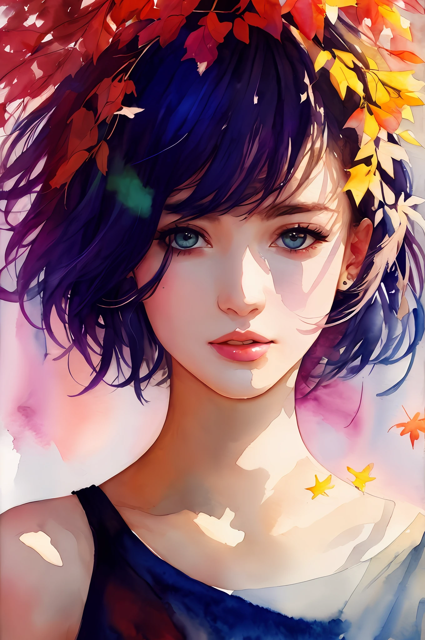 (8k, best quality, masterpiece:1.2),(best quality:1.0), (ultra highres:1.0), watercolor, a beautiful woman, shoulder, hair ribbons, by agnes cecile, half body portrait, extremely luminous bright design, pastel colors, (ink:1.3), autumn lights,