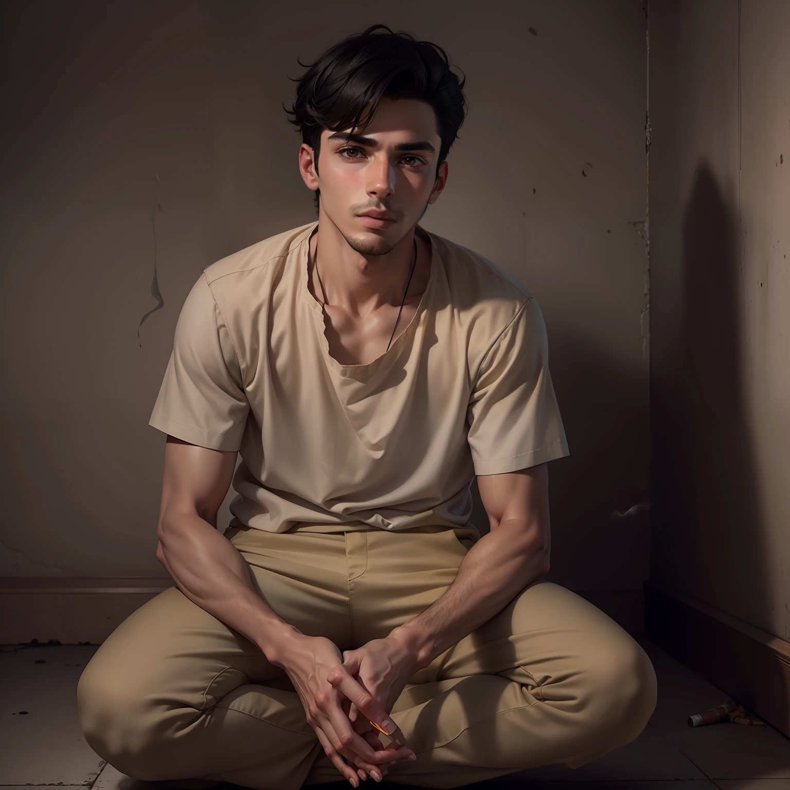 ultra realistic image of a 25 year old man, short black hair, dressed in a beige blouse and beige pants, sitting on the floor of a small dark room, holding an unlit cigarette, dirty fingernails