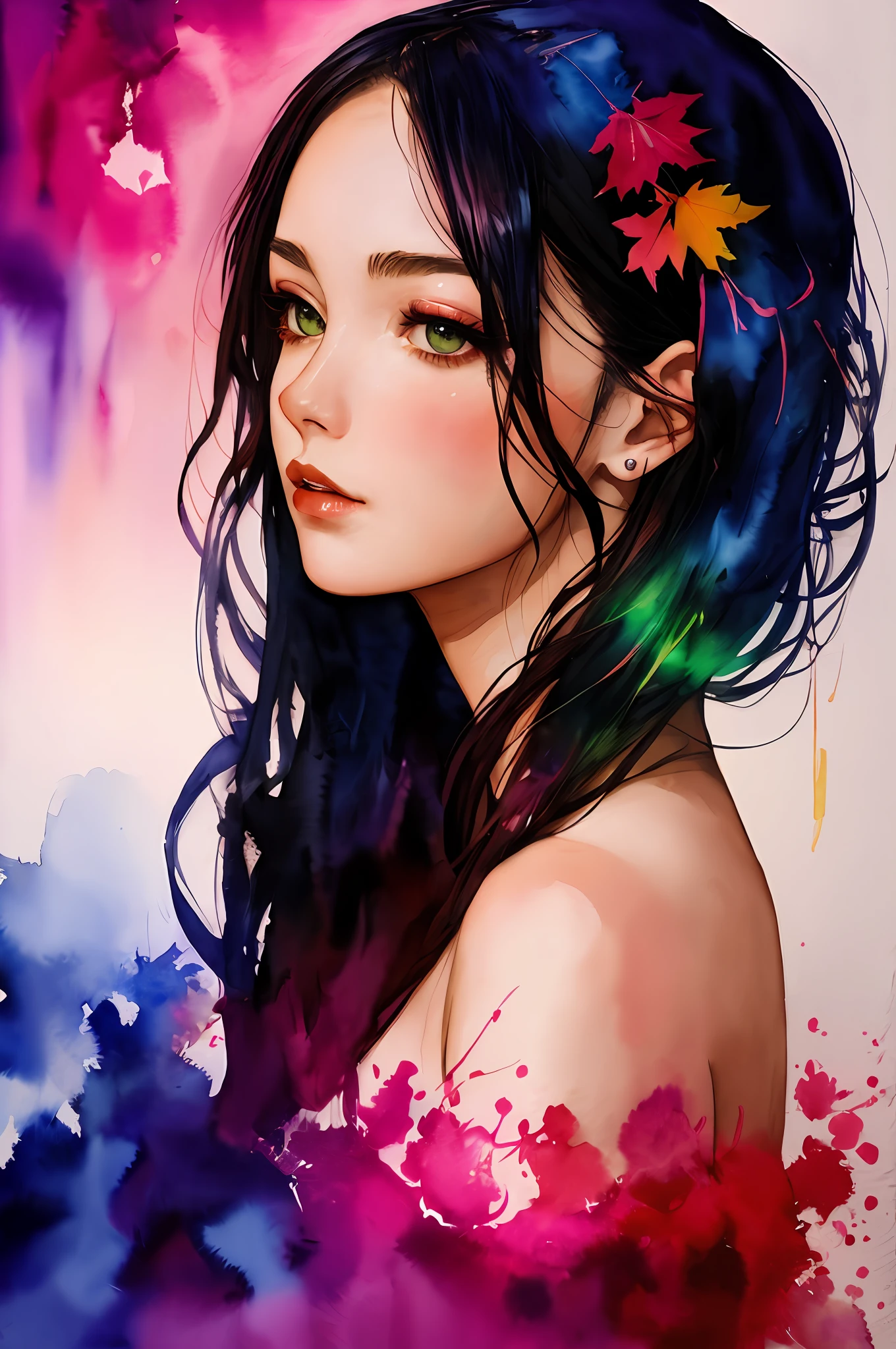 (8k, best quality, masterpiece:1.2),(best quality:1.0), (ultra highres:1.0), watercolor, a beautiful woman, shoulder, hair ribbons, by agnes cecile, half body portrait, extremely luminous bright design, pastel colors, (ink:1.3), autumn lights,