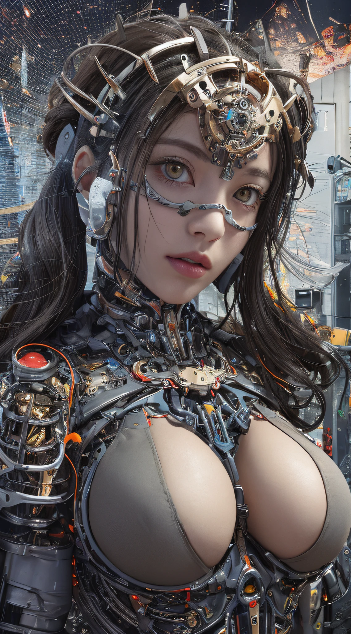 1 Mechanical Girl、((super realistic details))、portlate、globalillumination、Shadow、octan render、8K、ultrasharp、Steampunk Cyborg Body、metals、Details of complex ornaments、cold color、Gothloli details、highly intricate detail、Realistic light、CGSoation Trends、a purple eye、radiant eyes、Facing the camera、neon details、Colossal tits、The cleavage is visible、Mechanical limbs、blood vessels connected to tubes、Mechanical vertebrae attached to the back、mechanical cervical attaching to neck、sitting on、Wires and cables connecting to the head、The background is a steampunk space、