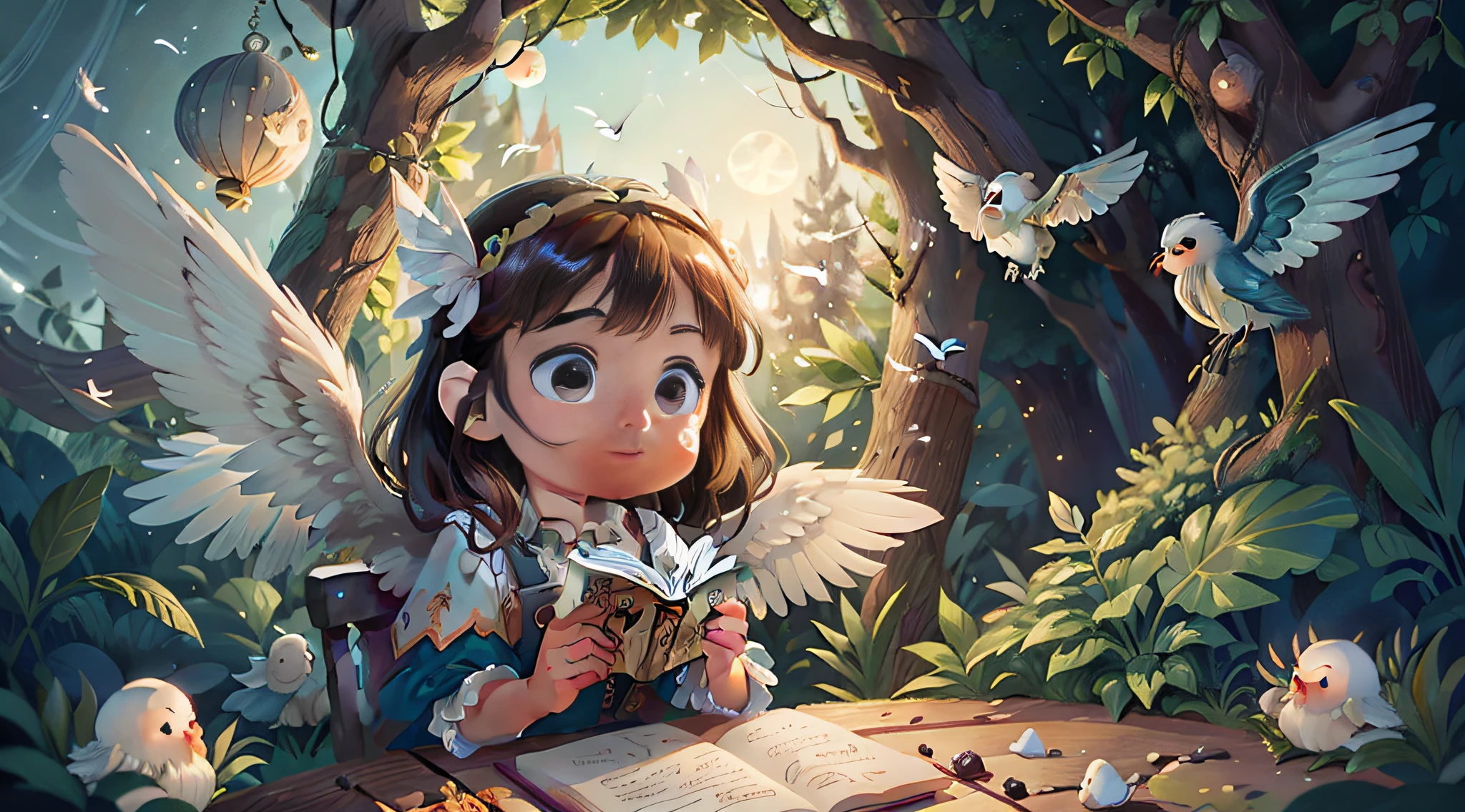 "Draw a fairy tale picture book style painting。",masterpiece,Cute little angel,Feathered wings looking out at the night sky, ((Gorgeous face)), ((Realistic)), Sit on the outer Egerd marble pavilion in the night garden,Surrounded by white birds flying around her, All illuminated by the moon, intricately details, Professional lighting, High definition, 8K, Studio light