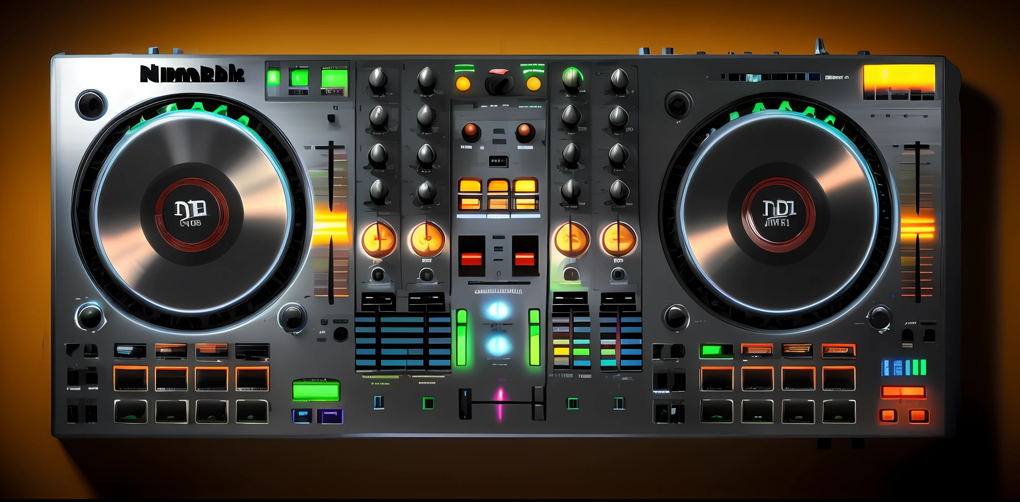 Um close up de um controlador de DJ com um leitor de disco, DJ, Mixer DJ, Conjunto DJ, turntables, DJING com toca-discos DJ, audio equipments, tocando techno house music, Turntablism DJ arranhando, turntablist, Deck do controlador, Carregado, Deck de fitas, olhando parcialmente para a esquerda, DJ em uma festa, black steel with red trim, Mpc