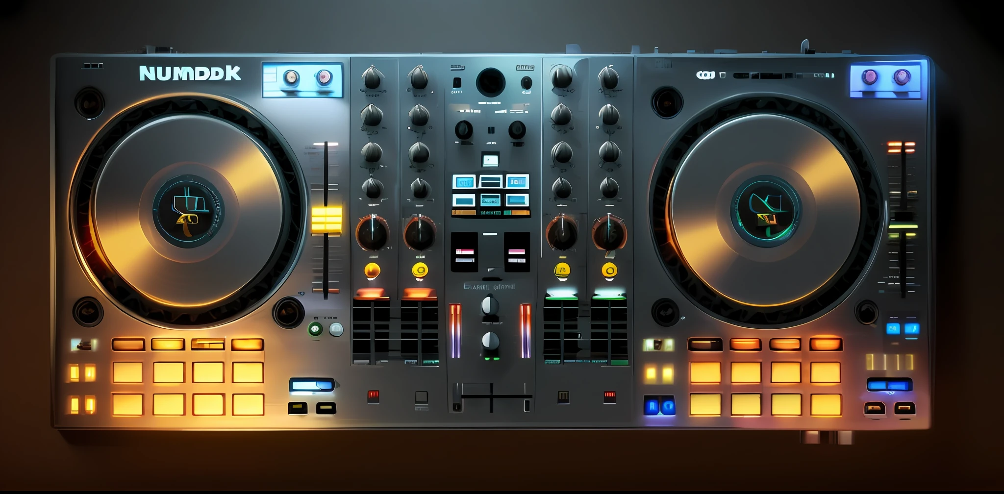 Um close up de um controlador de DJ com um leitor de disco, DJ, Mixer DJ, Conjunto DJ, turntables, DJING com toca-discos DJ, audio equipments, tocando techno house music, Turntablism DJ arranhando, turntablist, Deck do controlador, Carregado, Deck de fitas, olhando parcialmente para a esquerda, DJ em uma festa, black steel with red trim, Mpc