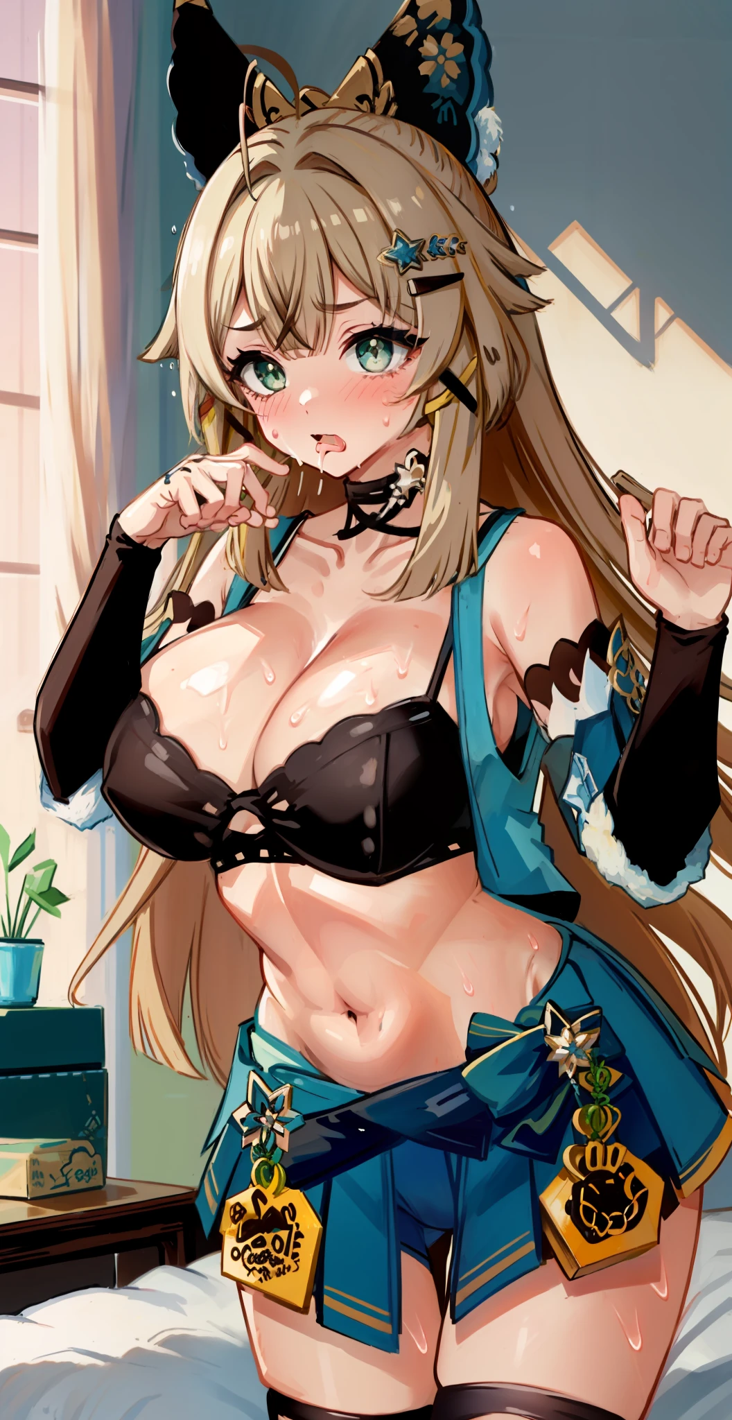 One Girl, Solo, (Hi-Res), (Absurd), (Best Quality), (High Quality), (Masterpiece), Shy Brown, Brown, Light Blue Eyes, Short Hair, Short Hair, Hair Above One Eye, (Big), White Thighs, Wet, Sweat, Embarrassed, 8K, High Quality, Show Cleavage, Movie Lighting, Beautiful Fingers, Well-Groomed Fingers, High Detail, Sony FE GM, Cute, Heart Eyes, Embarrassing, drooling, belly button, sweat, wet, huge, white skin, light hair, blushing cheeks, clear white skin, shining eyes, colored contact lenses, anime style, motion lines, sparkling eyes, super huge, tearing breasts, taut breasts, enormous breasts, dripping sweat, shiny hair, sloppy post, lower breasts, too big breasts, torn clothes, showing cleavage, starry eyes, drooling, drooling, black stockings, stockings, sweat, uniform, bed, on bed, pink bra, pink pants, skirt