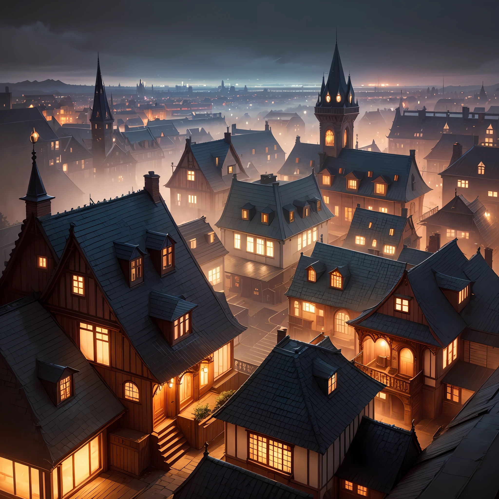 Wide view of a realistic fantasy city, enchanted houses, lots of brightness and lighting, cores vivas e realista casas decoradas --auto