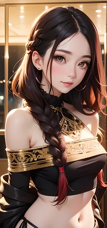 (Best Quality, masterpiece1.2), (detailed eye:1.2), intricate detials, Depth of field, 1girl, Standing, Smile, blusher, red hair, hairlong, braided, golden eyes, multicolored background, looks at the viewer, exteriors, 独奏, upper-body, winning, clean, beatiful face, Face Clean, pale skin, sexypose,(( topic , off-shoulder, bellybutton, briefs)), hairlong, ((perfect female figure)) Jisoo, seductive, Very detailed,