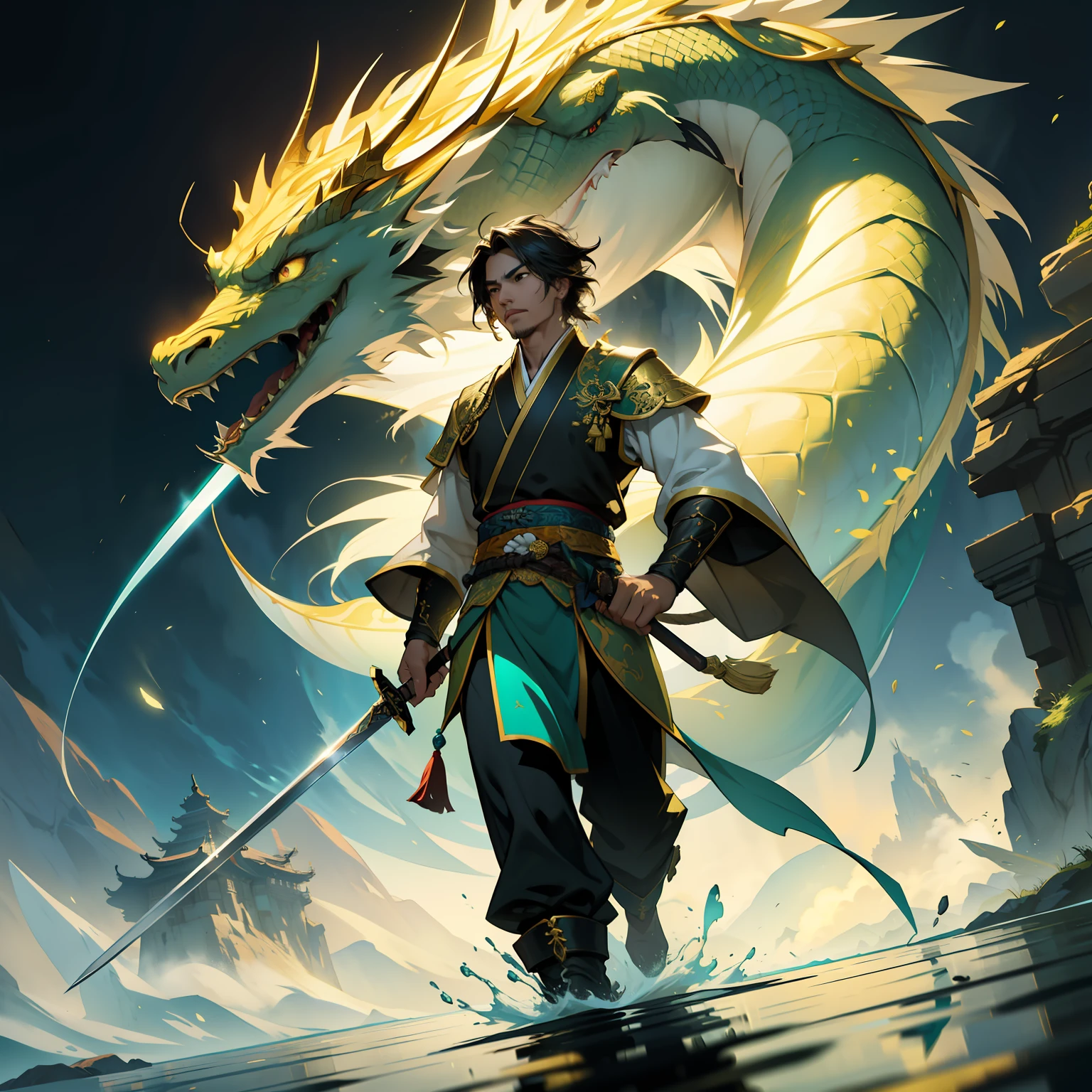 Oriental style beauty, sword in hand, sword dancing, green and gold clothing, a glowing golden dragon walking behind, realistic and ethereal style, Eastern Zhou Dynasty, the background of the picture is the strong air flow of the picture impact, 8k, fantasy, allegorical, animation style, epic ink mixing lens, shining blue magic light. Abstract image, intense light, Rembrandt lighting, style in fluid color combination, surreal water,