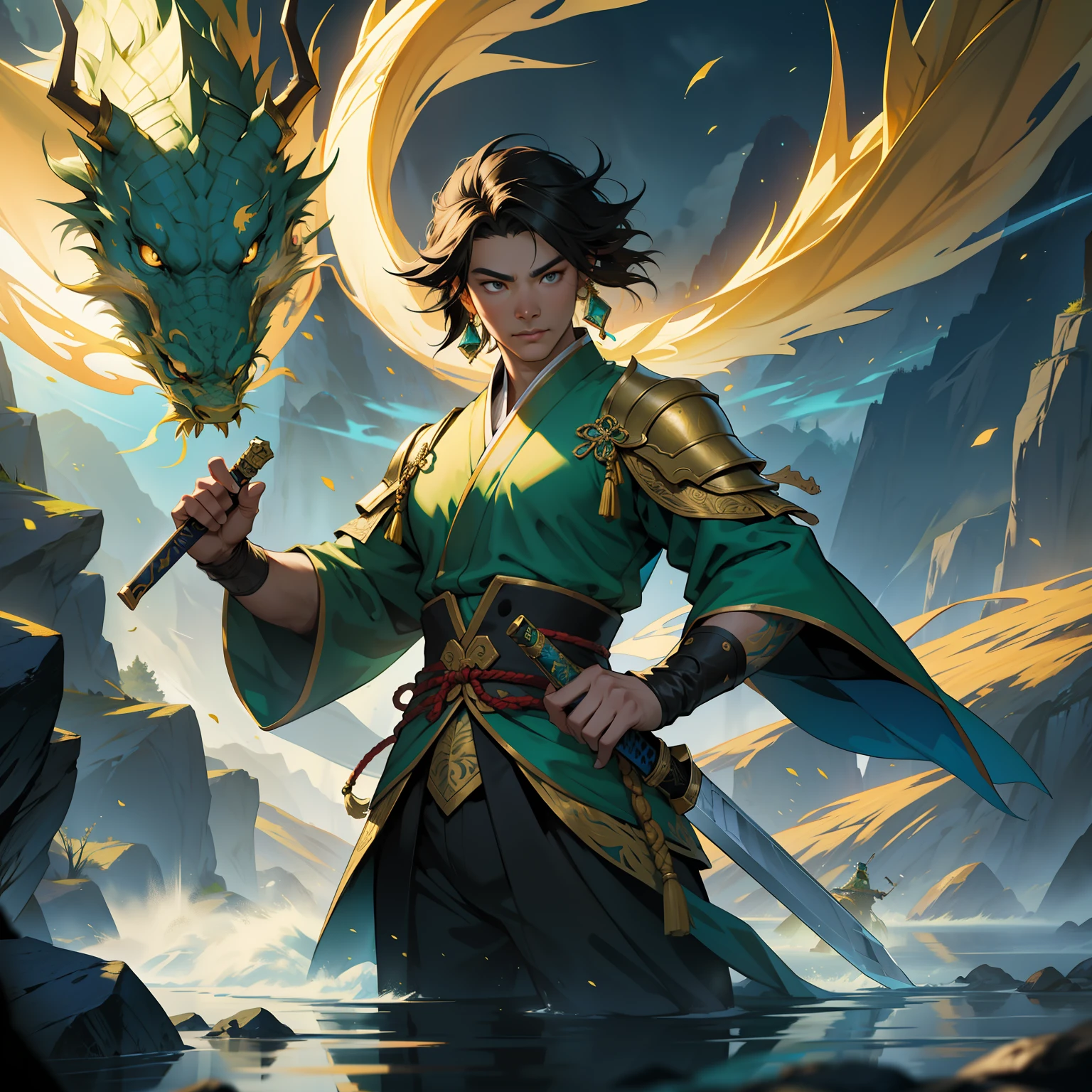 Oriental style beauty, sword in hand, sword dancing, green and gold clothing, a glowing golden dragon walking behind, realistic and ethereal style, Eastern Zhou Dynasty, the background of the picture is the strong air flow of the picture impact, 8k, fantasy, allegorical, animation style, epic ink mixing lens, shining blue magic light. Abstract image, intense light, Rembrandt lighting, style in fluid color combination, surreal water,