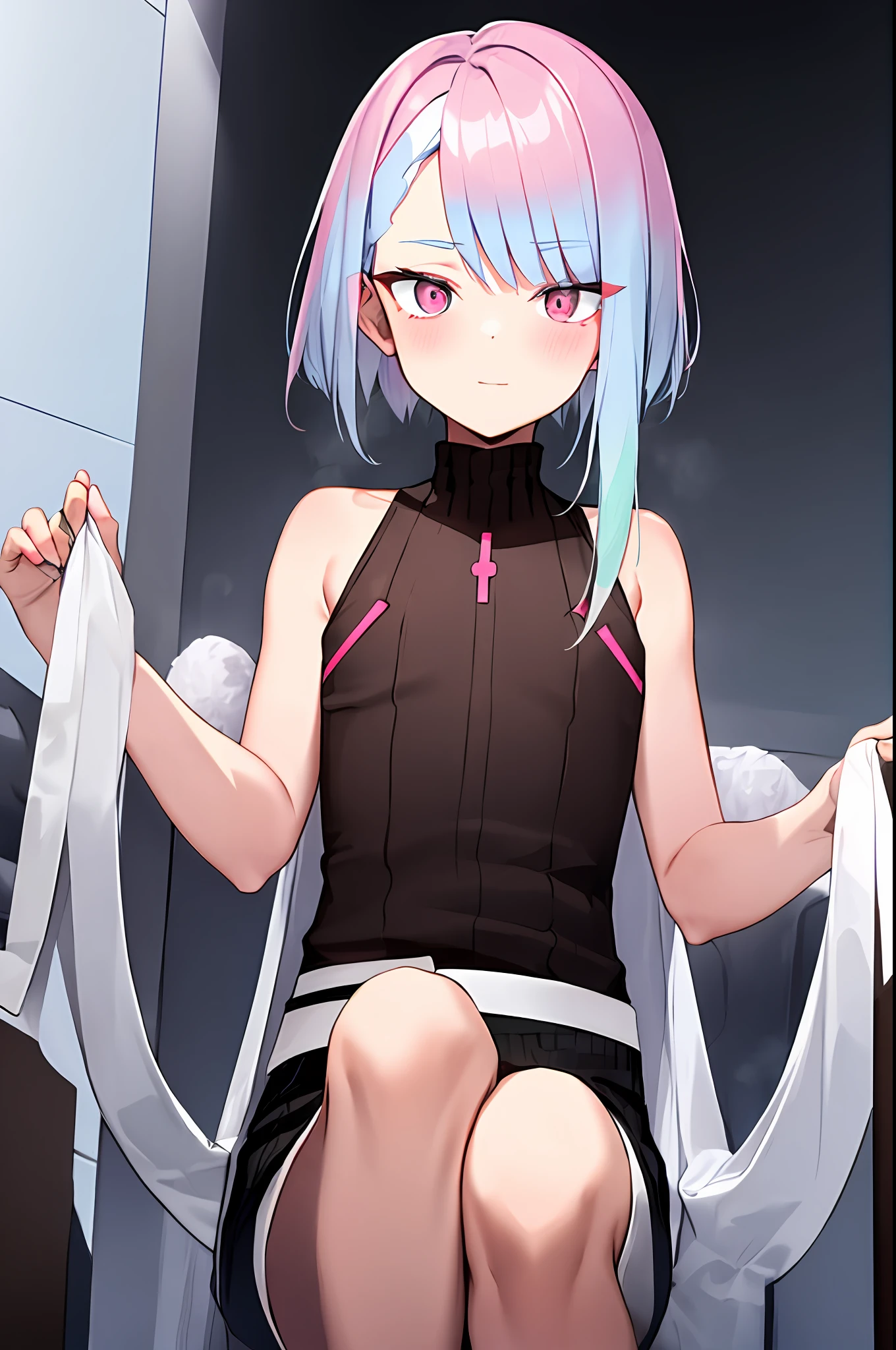 1 boy has blue and white hair. left eye red pink right eye black wearing a sleeveless black turtleneck and a brown sweater