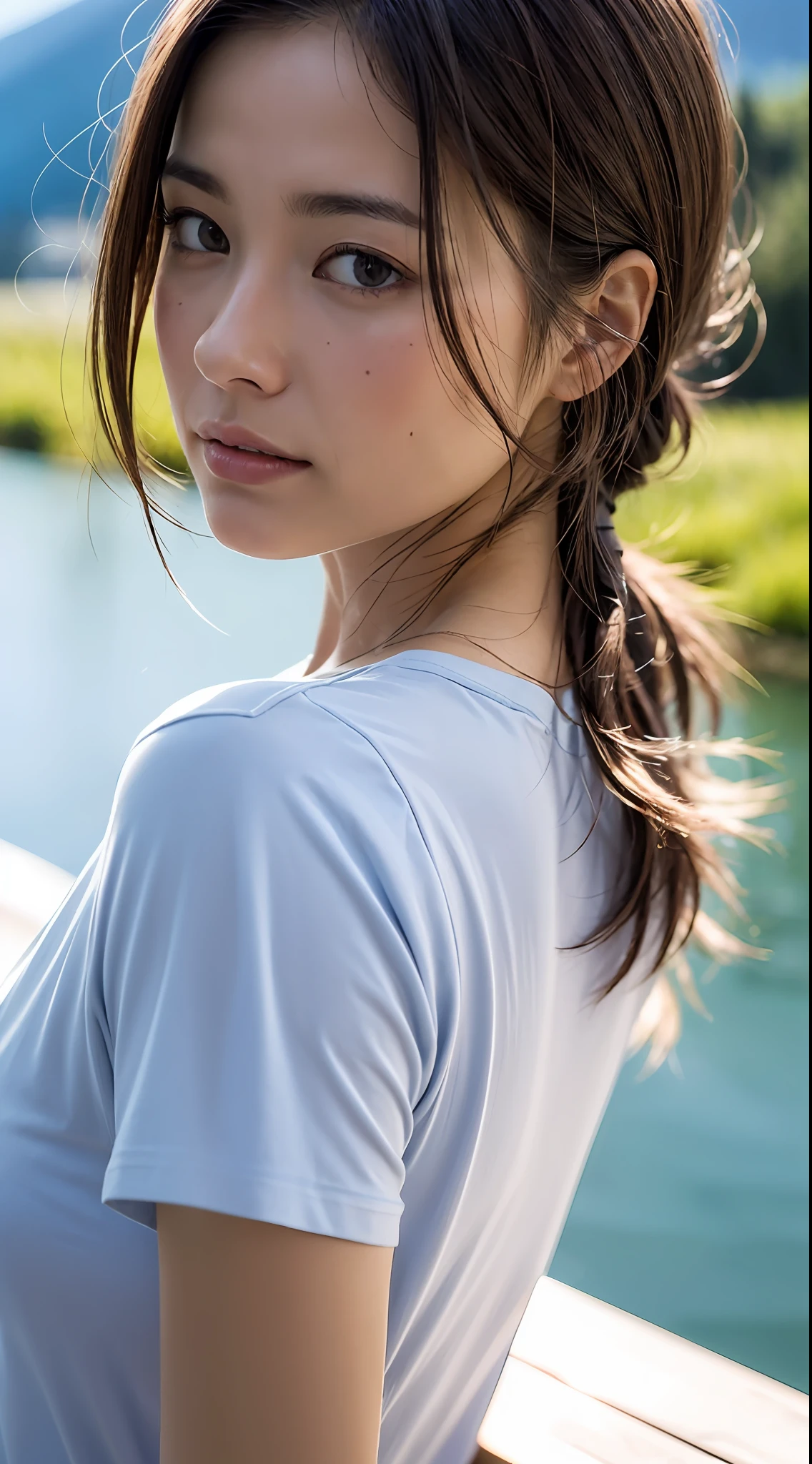 doress、(Photorealsitic:1.4)、(hyper realisitic:1.4)、(realisitic:1.3)、(Smooth lighting:1.05)、(Improved lighting quality in movies:0.9)、32K、1girl in、20 years girl、Realistic lighting、Back lighting、Facial light、raytrace、(brightened light:1.2)、(enhanced quality:1.4)、(Top quality real texture skins:1.4)、finely eye、finerly detailed face、Fine quality eye、(Tired, sleepy and satisfied:0.0)、 close up of face、tshirts、(enhance body line mood:1.1)、(Increase the beauty of skin texture:1.1)、((fukada kyoko))、Lakes in Switzerland、mountain ranges