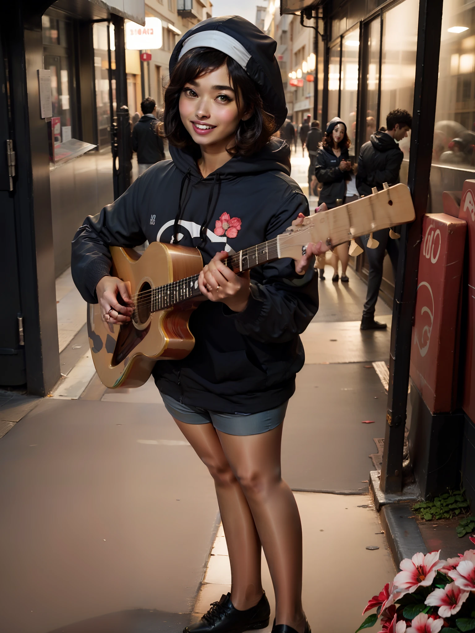 (巨作) ، (best-quality) ، (A highly detailed) ، (full-body: 1.2) ،
1girl, chibi, cute, smile, open mouth,
flower, Downtown, Playing the guitar, music, Hat, Guitar Contract, jacket, blush cheeks, fountain, :3, shirt, short hair hair, Next to the people who take it, Blue hood, blurry, dark blue hair, Blush stickers, long-sleeved, explosions, Grey headphones,
(Beautiful detailed face) ، (Beautiful Detailed Eyes) ,Full body