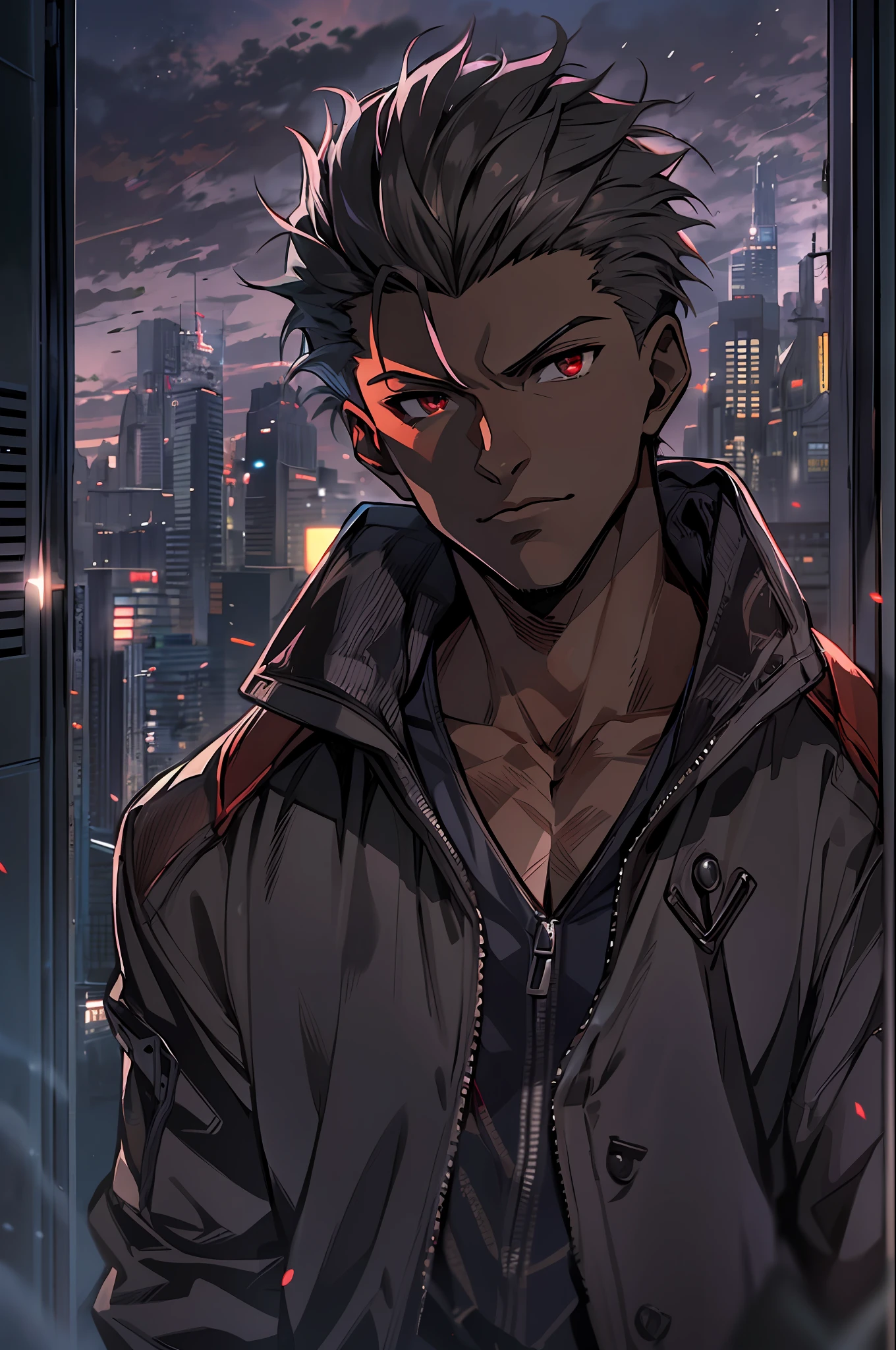 masterpiece, best quality, 1boy, solo, dark-skinned toned male, facing viewer, red eyes, ulra detailed, 8k, high res, (detailed manly face: 1.2), (anime: 1.3), fate unlimited blade works, award winning, anatomically correct, eye focus, (emiya /(archer/):1.2), (fate/unlimited blade works: 1.3), (anime style: 1.3), dark skin, fate anime style, red jacket, black shirt, covered abs, night city background, cinematic lighting,