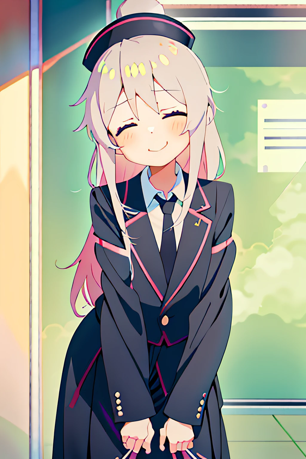 1girll, 独奏, white shirt, longer sleeves, black necktie, Black pantsuit, Blushlush, ssmile, Hats, Keep one's mouth shut, closing her eyes, banya, baseball cap, Pink tiara, Behind the arm, standing on your feet, thigh gap, Soft anime illustration, pretty anime girl, Kawaii realistic portrait, An anime girl, cute anime girl portraits, Cute anime girl portrait, cute kawaii girls,Yukata style clothing,bathrobe