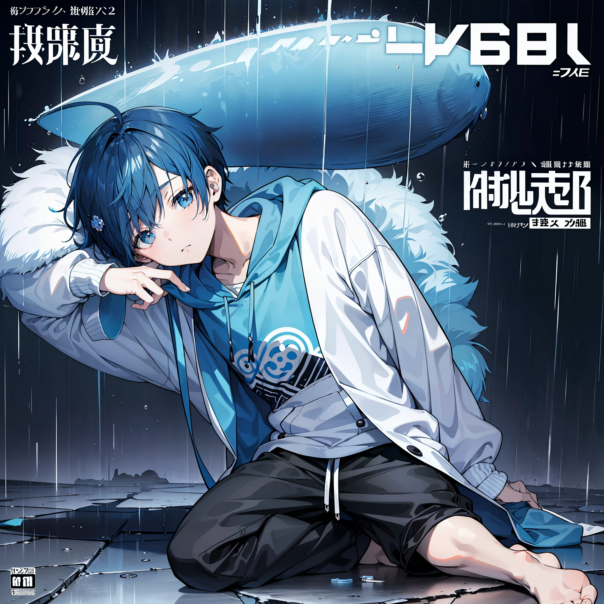 masterpiece, best quality, full body, (1boy), (blue hoodie), (Boy Messy Japanese Round Haircut for Thick Hair), (blue hair), black shorts, (solo), (magazine:1.3), (cover-style:1.3), fashionable, rain