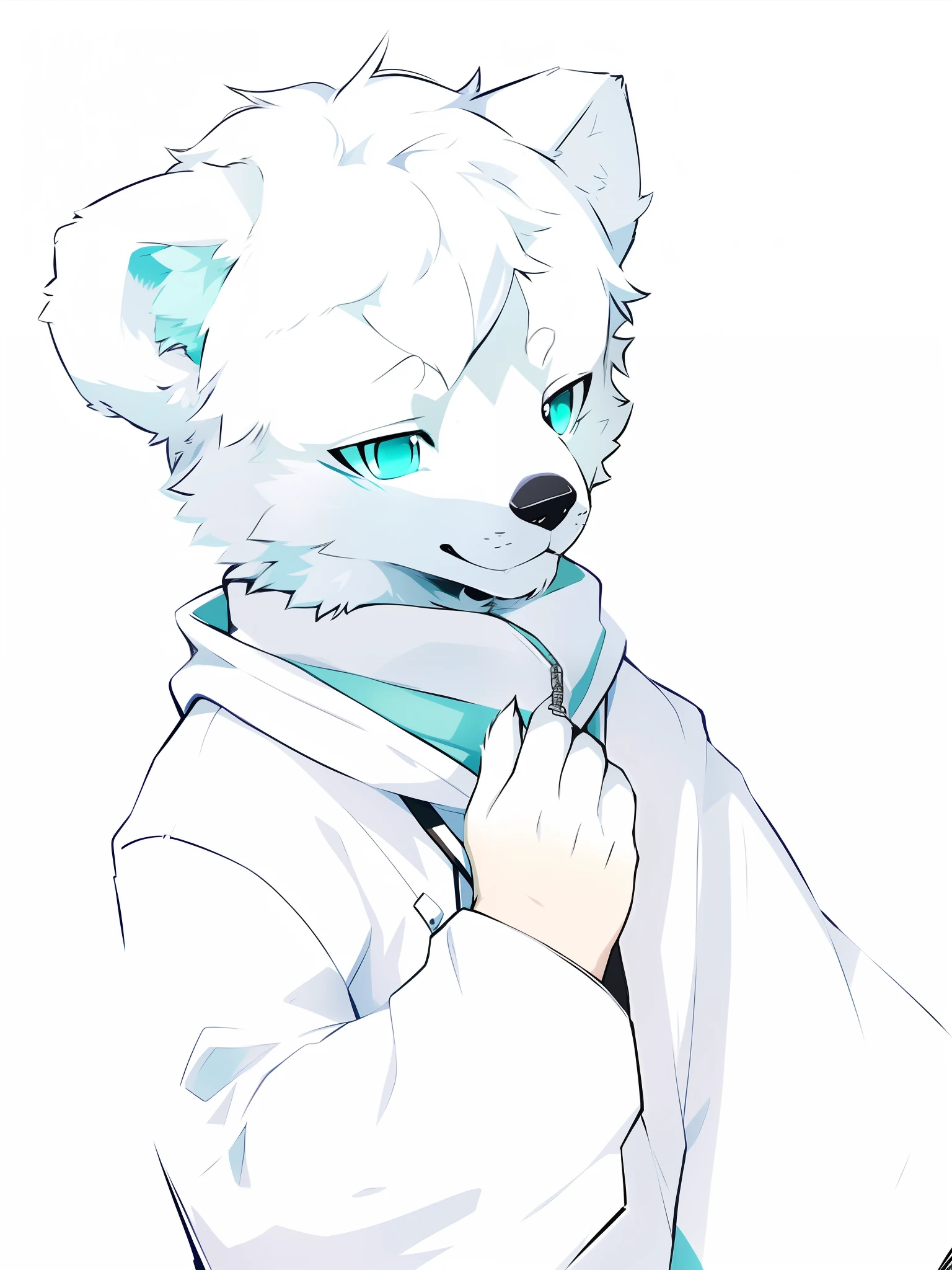 Samoyedskaya, human, furry, canine, (furry), (clear cyan eyes), white hair, white dog tail, (((black sleeves))), {white short sleeves with hood, no hat}, white cropped pants, outdoor,