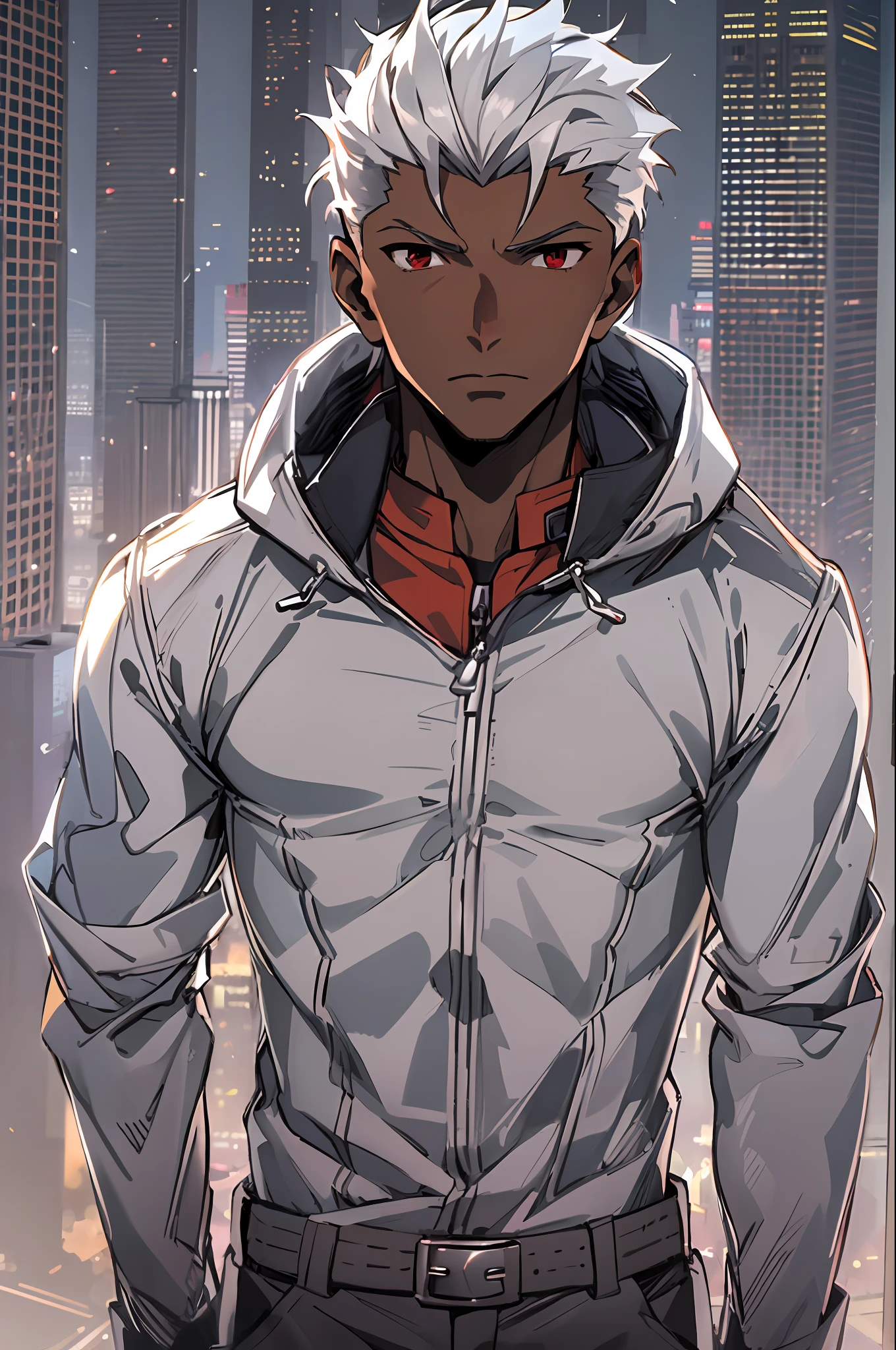 masterpiece, best quality, 1boy, solo, dark-skinned toned male, facing viewer, red eyes, ulra detailed, 8k, high res, (detailed manly face: 1.2), (anime: 1.3), fate unlimited blade works, award winning, anatomically correct, eye focus, (emiya /(archer/):1.2), (fate/unlimited blade works: 1.3), (anime style: 1.3), dark skin, fate anime style, red jacket, black shirt, covered abs, night city background, cinematic lighting, silver hair,