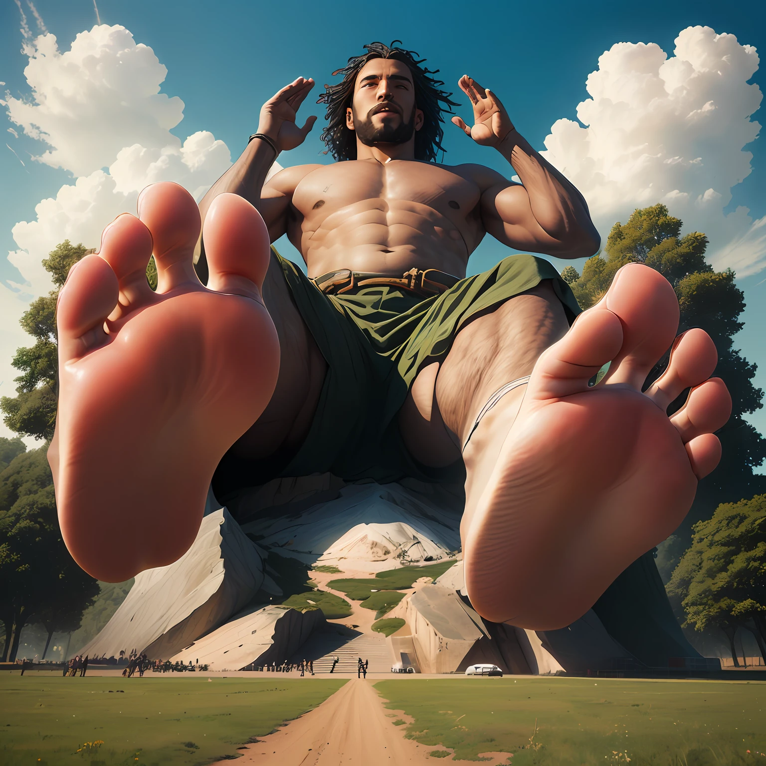 A giant,Foot on the earth,Hands up to the sky