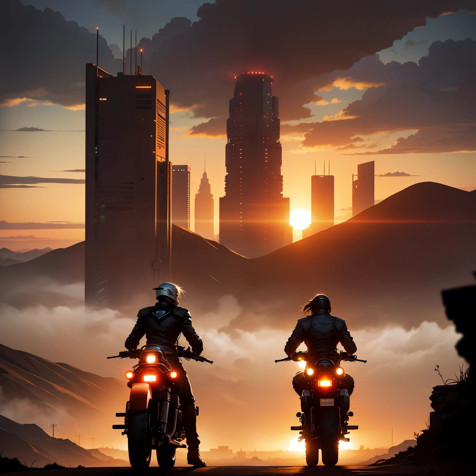 Two Riders of the Time riding side by side on two Harley motorcycles into the dusty cloudy sunset in a desolated valley on a path leading to a futuristic city scape on the horizon. camera from behind
