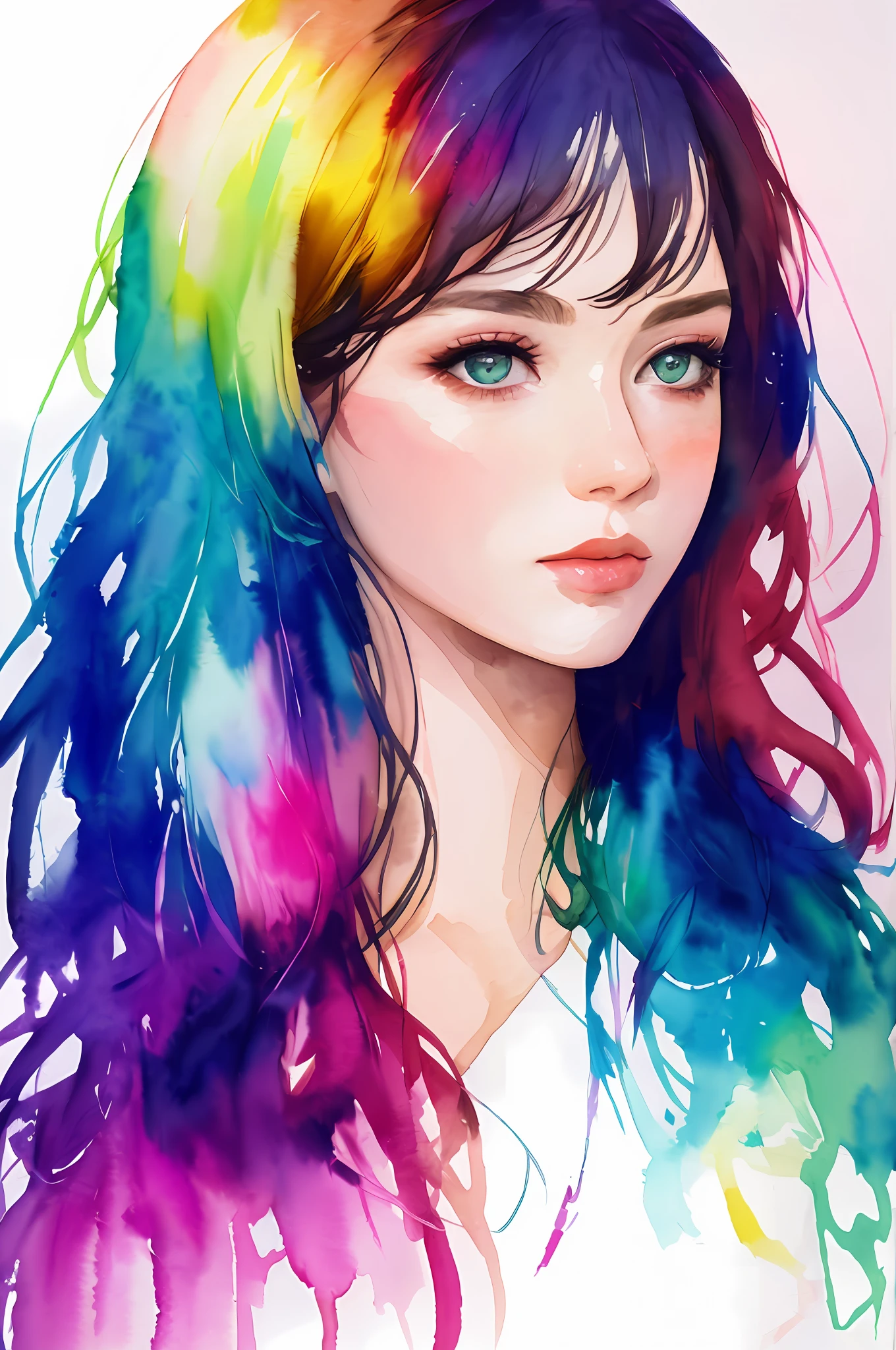 (8k, best quality, masterpiece:1.2),(best quality:1.0), (ultra highres:1.0), watercolor, a beautiful woman, shoulder, hair ribbons, by agnes cecile, half body portrait, extremely luminous bright design, pastel colors, (ink:1.3), autumn lights,