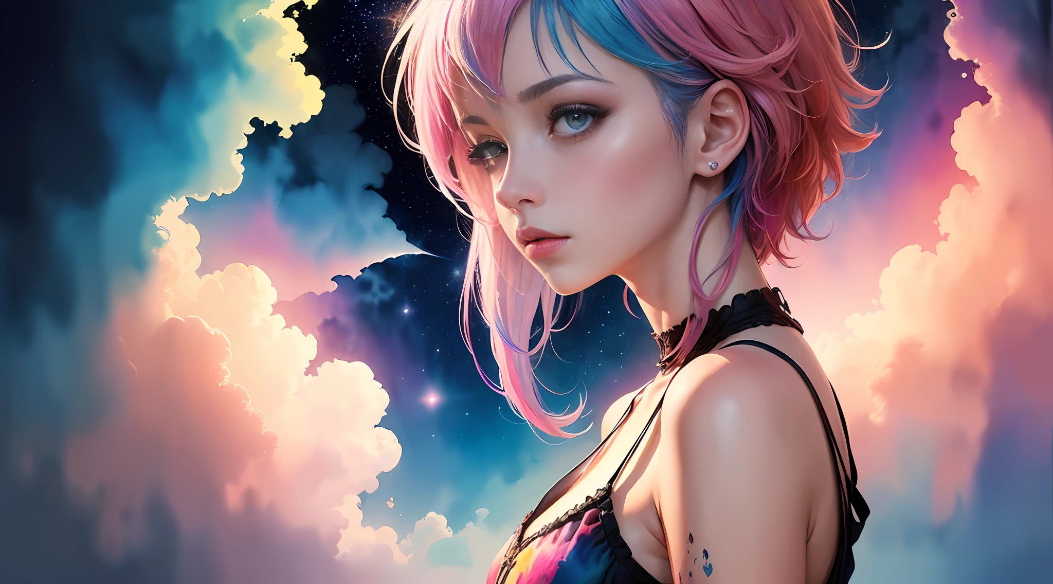 (masterpiece, top quality, best quality,watercolor (medium),official art, beautiful and aesthetic:1.2),(1girl:1.3), (fractal art:1.3),upper body, from side, looking at viewer,patterns,(rainbow color Hair,colorful hair,half blue and half pink hair:1.2),water,liquid, cloud,colorful, starry,stars, --auto