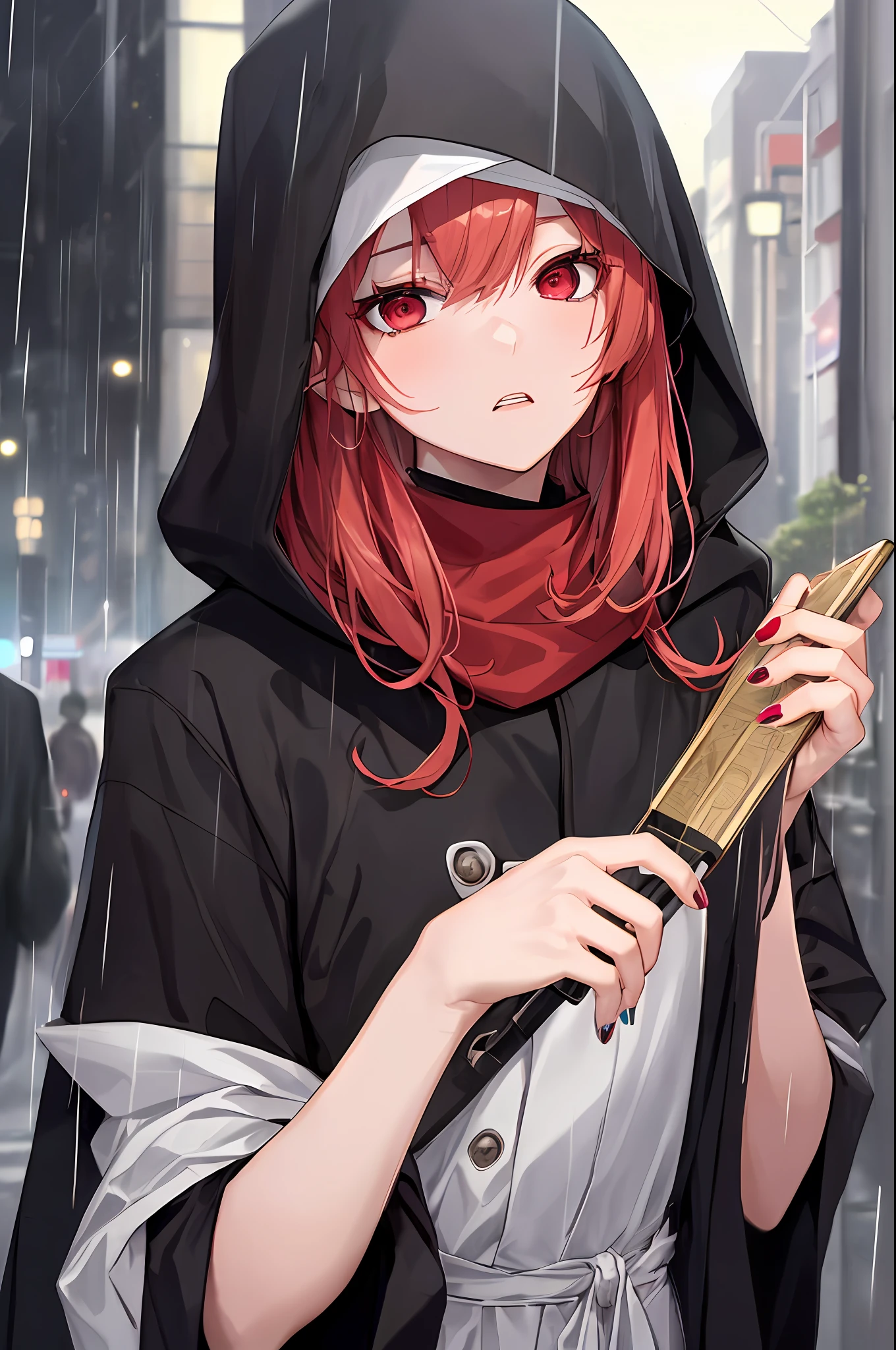 kk, best quality, more details, mastery, 1boy, kaneki ken, portrait, male focus, red eyes, solo, bangs, looking at viewer, hood, short hair, rain, tokyo tokyo \(city\), hijabi sluty,Nail polishing,whaite hair,Luxury,8k,the detail,Ray traching,depth of fields,电影灯光,
