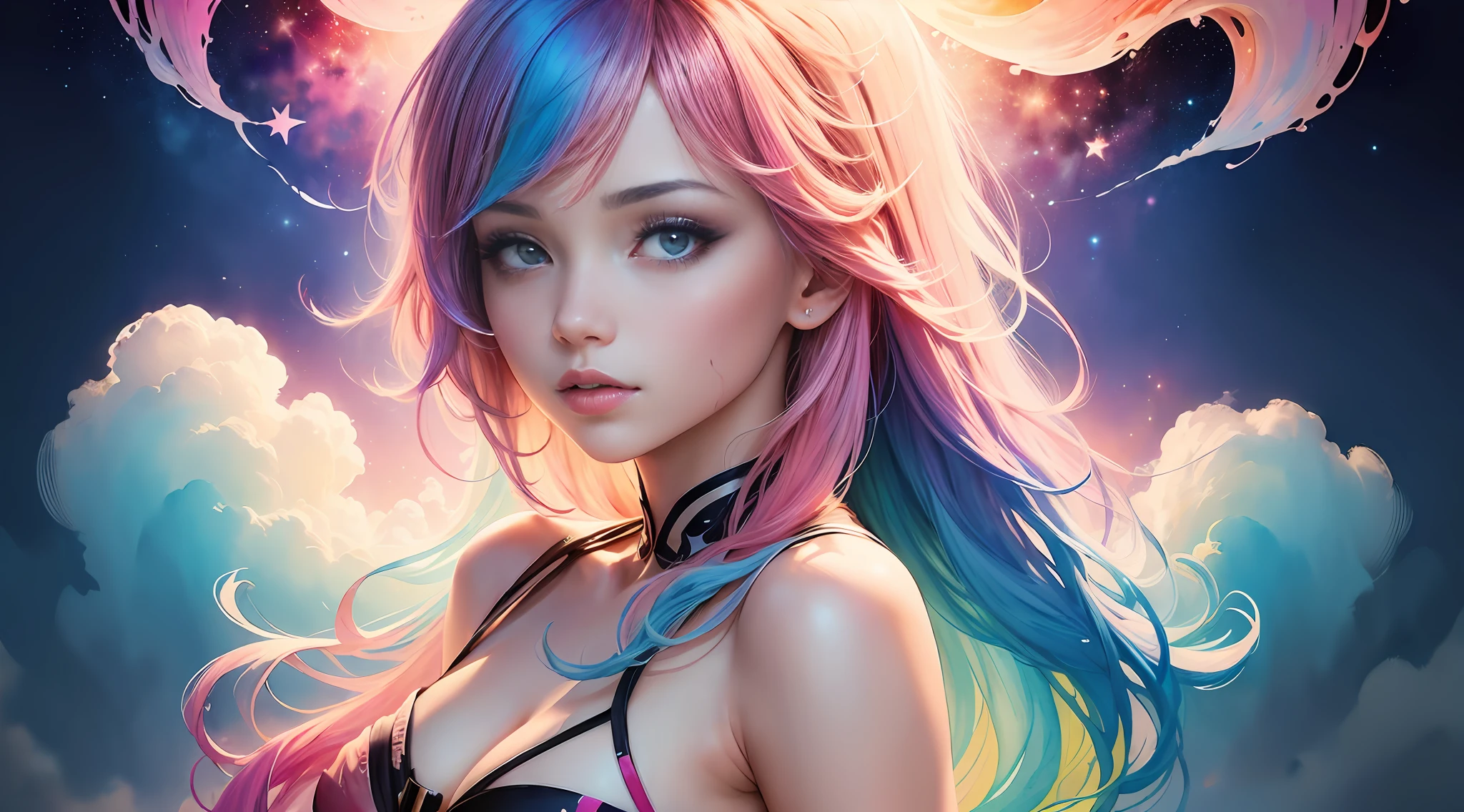 (masterpiece, top quality, best quality,watercolor (medium),official art, beautiful and aesthetic:1.2),(1girl:1.3), (fractal art:1.3),upper body, from side, looking at viewer,patterns,(rainbow color Hair,colorful hair,half blue and half pink hair:1.2),water,liquid, cloud,colorful, starry,stars, --auto