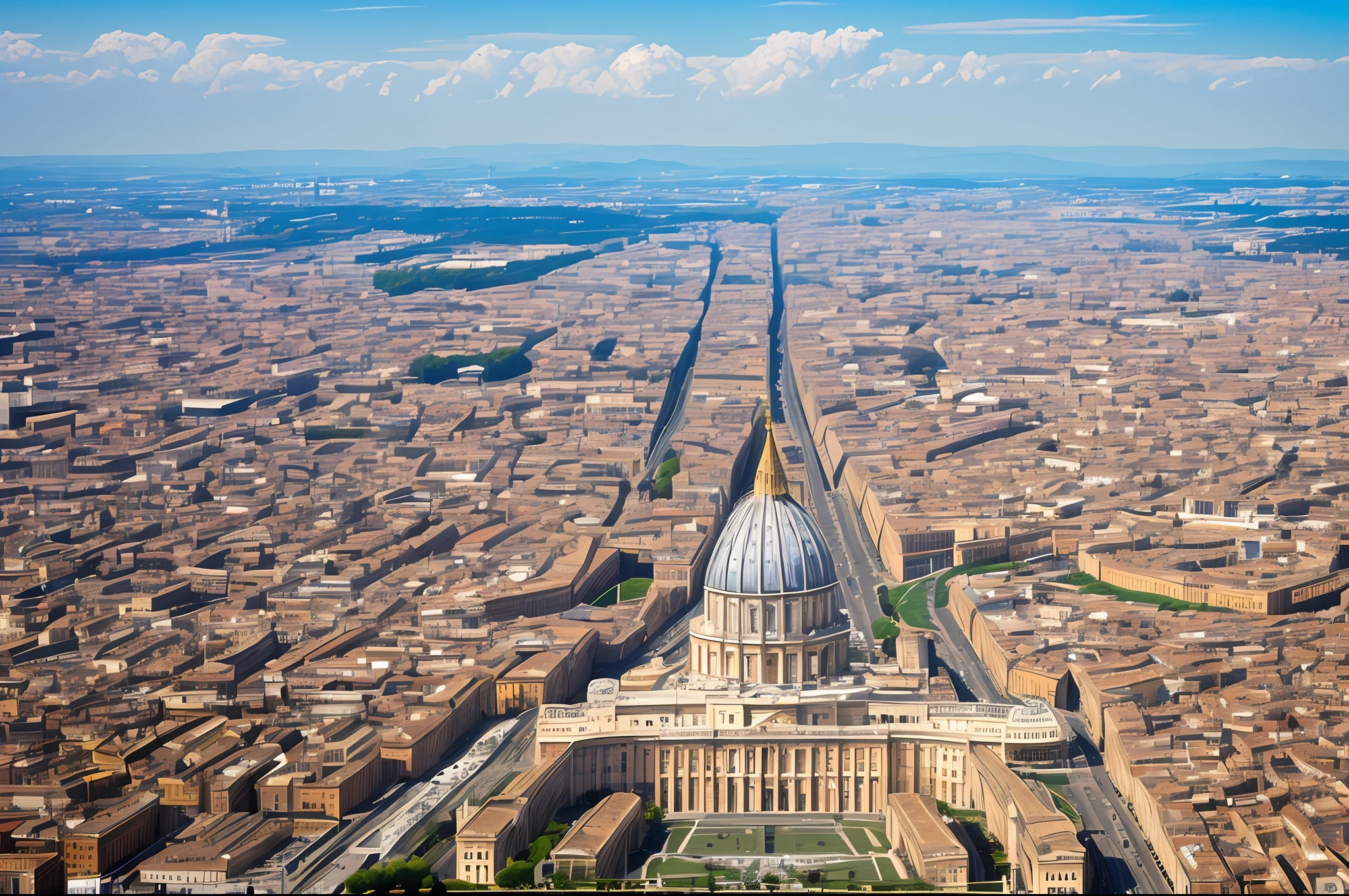 an awe-inspiring depiction of Vatican City, exuding glorious power and might as a symbol of its political control. The image should portray the grandeur of the Vatican's architecture, showcasing iconic structures like St. Peter's Basilica and the Vatican Apostolic Palace. An air of majesty and authority should emanate from the scene, with pristine marble, ornate details, and magnificent domes representing the seat of the Roman Catholic Church. The composition should evoke a sense of history and influence, emphasizing the Vatican's significance in global politics and religious affairs. The lighting should accentuate the magnificence, casting radiant rays upon the city's buildings and emphasizing their prominence. Infuse the image with subtle symbolism and artistic nuances to convey the complexities of political power within this sacred enclave."