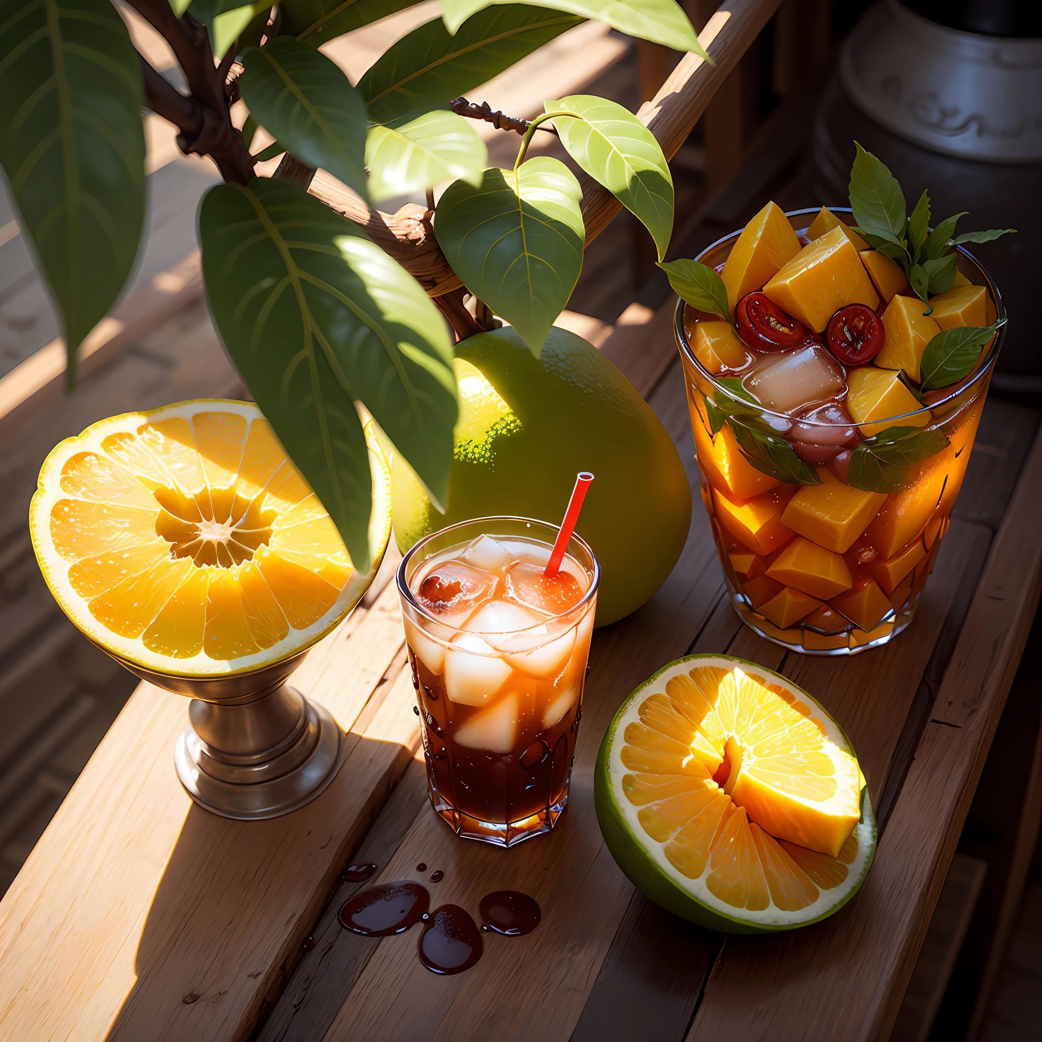 Some mangoes mango behind some cold drinks --auto