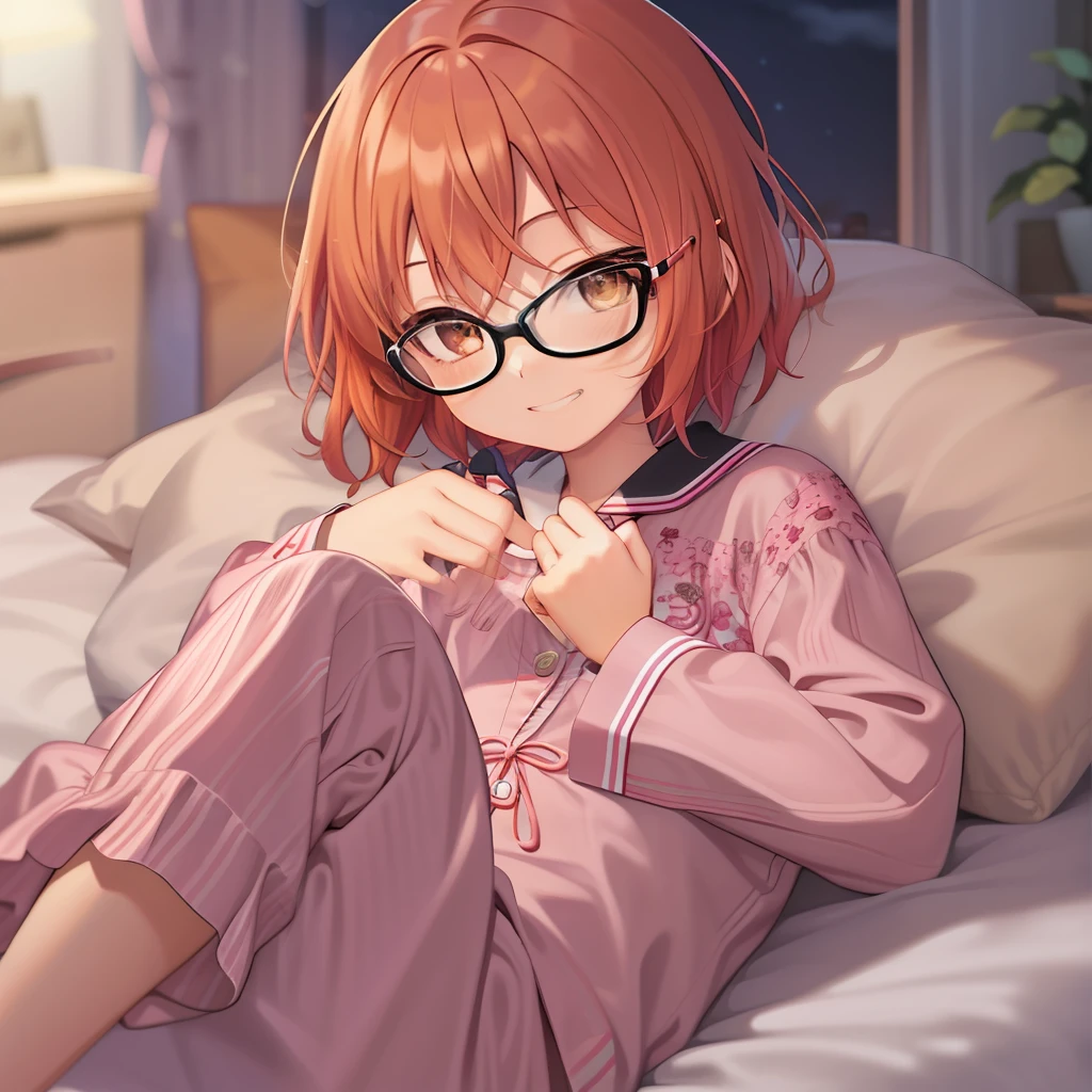 Best Quality, ​master piece, 1girl in, Solo, black-framed eyewear, pink orange hair, Brown eyes, Short_bobhair_hair, Flat_Chest, grin, pajamas, laying down on the bed, sleepy, (Night:1.5),