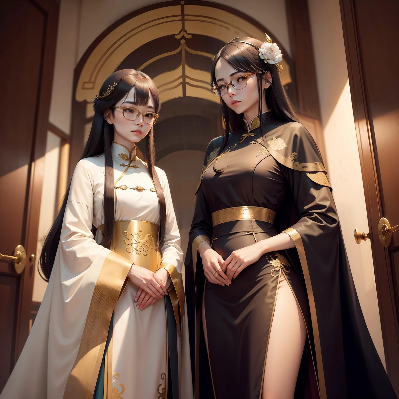 Looks very polite,Wearing a long horse coat of the Republic of China,Wearing gold wire glasses,with fair skin,The two have a close relationship。