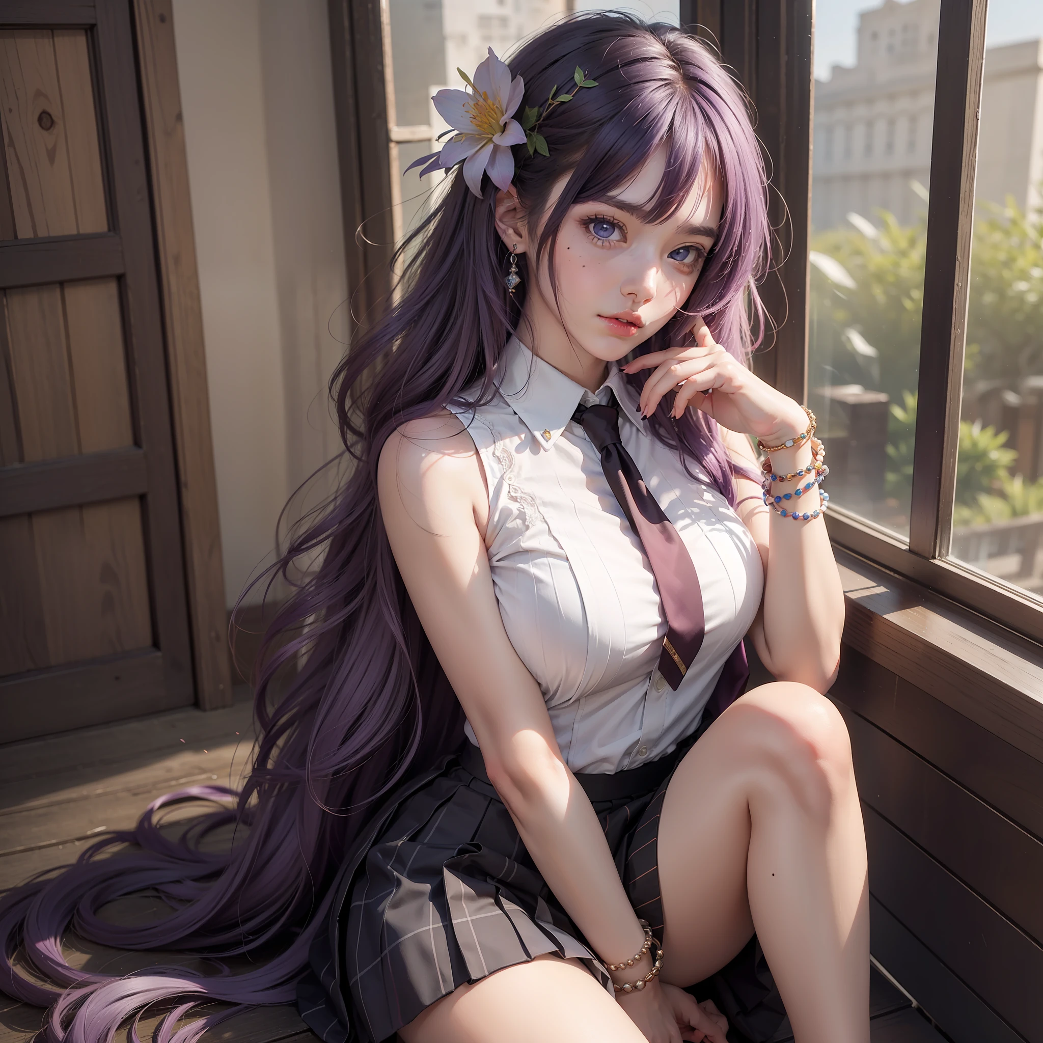 (Masterpiece, Best quality), (Detailed and beautiful eyes), (Detailed eyes and detailed face), (beautiful and clear background), (Extremely detailed CG, Super detailed, Best shadows), (( Depth of field)), beautiful concept illustration, (illustration), (Extremely delicate and beautiful), (Perfect detail) Anime woman in tight skirt sitting on architectural windowsill, 1 girl, Skirt, Solo, upper legs, Breasts, Long hair, Purple eyes, shirt, tiese, view the viewer, Large breasts, Moles under eyes, Sleeveless, Purple hair, s itting, Black skirt, White shirt, hair adornments, Collared shirt, Raiden Shogun, Pleated skirt, Bead bracelet, dark mole, Sleeveless shirt, Bare shoulders, Bare arms, Bracelet, Outdoors, flower, Very long hair, day, zettai ryouiki, bangs , Beads, parted lip, Blush, hair flower, jewelry, red necktie, black thighhigns, Miniskirt, Thighs,hyper HD,8K