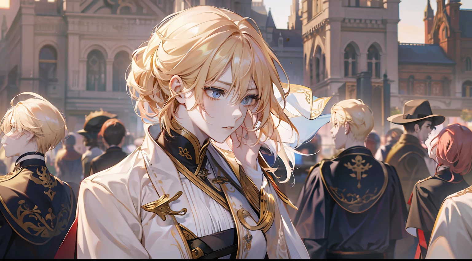 Master masterpieces，extreme hight detail，detail in face，Fine face，8K，（（full bodyesbian）），solo person，（one-girl），blond hairbl，mid hair，The background is the castle，Plaza，crowd of，saddened，Sad，