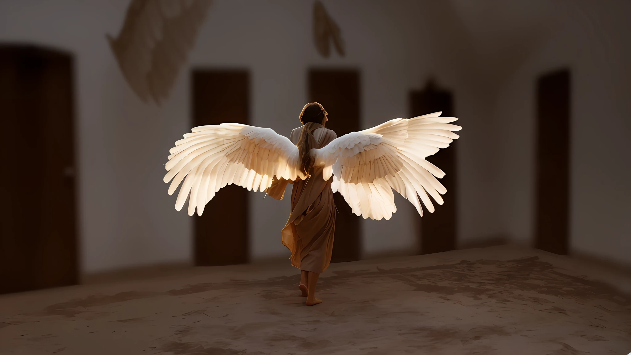 there is a man walking with wings spread out in a room, winged human, biblical accurate angel, ophanim has bird wings, spreading her wings, outstretched wings, big angel wings wide open, open wings, big white glowing wings, 3 / 4 view of woman with wings, girl with angel wings, spread wings, large wings, massive angel wings