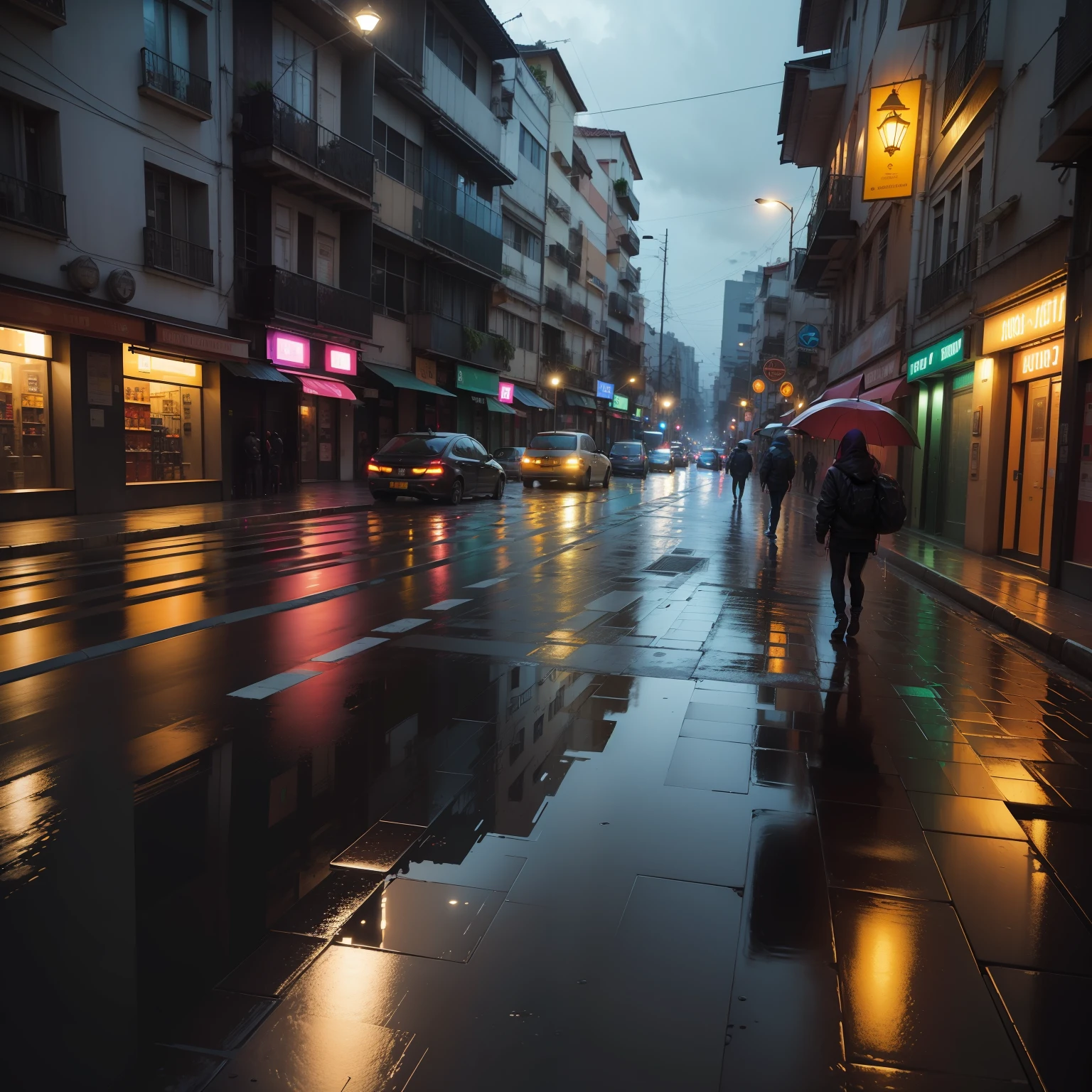 Nigth city, ciberpunk stile, qualidade superior, ultra detalhado, lojas, rain, rua molhada refletindo as luzes, qualidade dos reflexos superior, ceu com meteoritos, lua cheia