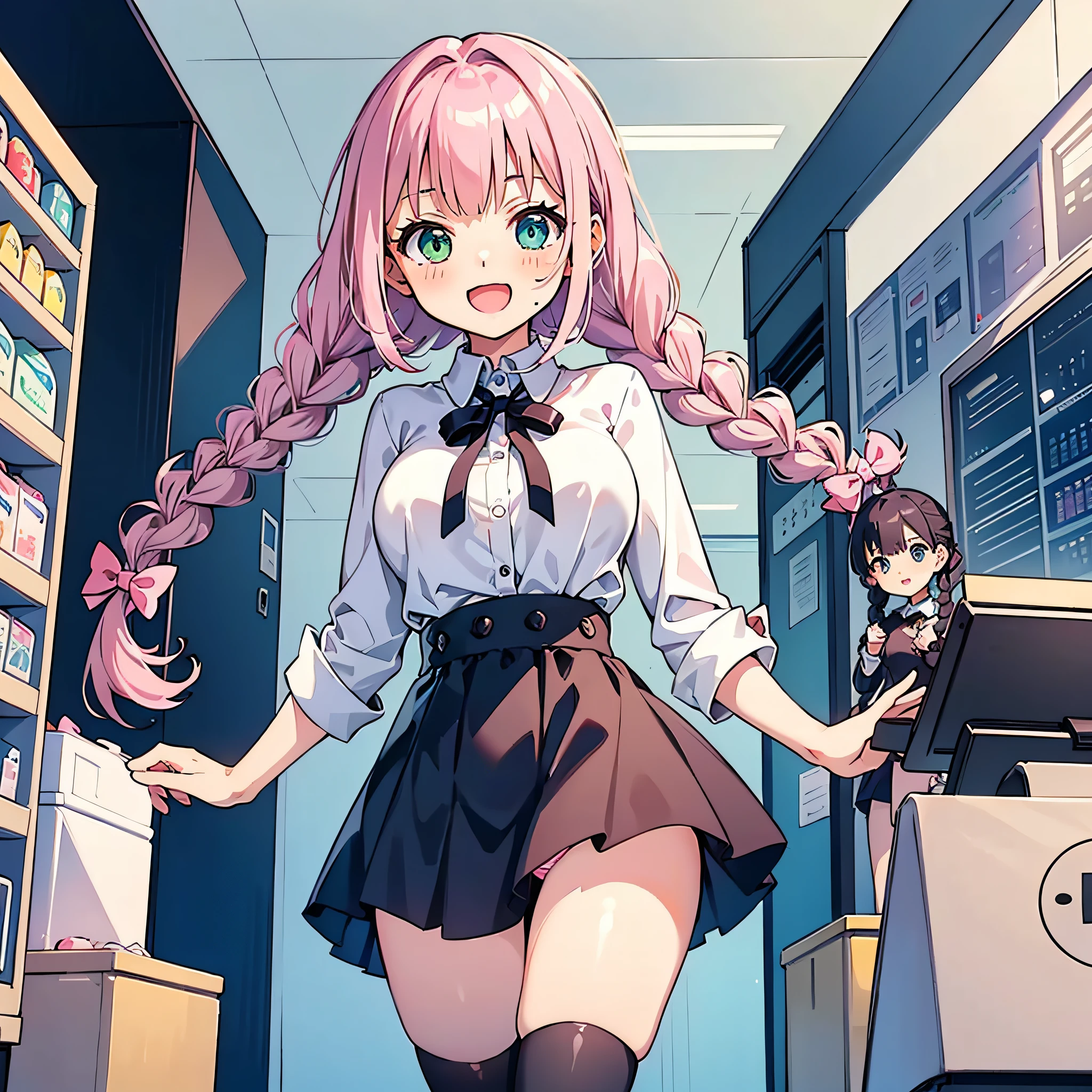 One girl. (masutepiece, of the highest quality, Kyoto Animation Style Illustration, of the highest quality, Official art, aesthetics, Beautiful details, :1. 2), BREAK, (17 years old girl), Very detailed, colourfull, highest details, BREAK, (1 beautiful girl, Solo,(cute:1.5),(Chibi:0.8), (kawaii:1.5),(loli:0.5),break ,{heterochromia,pale blue eyes,pale green eyes:1.5}, star eye silhouette, standing figure, happy, :d, break,((pale pink hair, twin braids, semi-long hair, bow: 1.5)), thin hair, break,large breast,Open legs,Angle from below,The skirt turns over in the wind,Strap panties visible,BREAK,In front of the convenience store cash register,Being in front of the cash register,Have new pants,Multiple guests,The high school boy behind me is embarrassed,Female clerk with puzzled face,