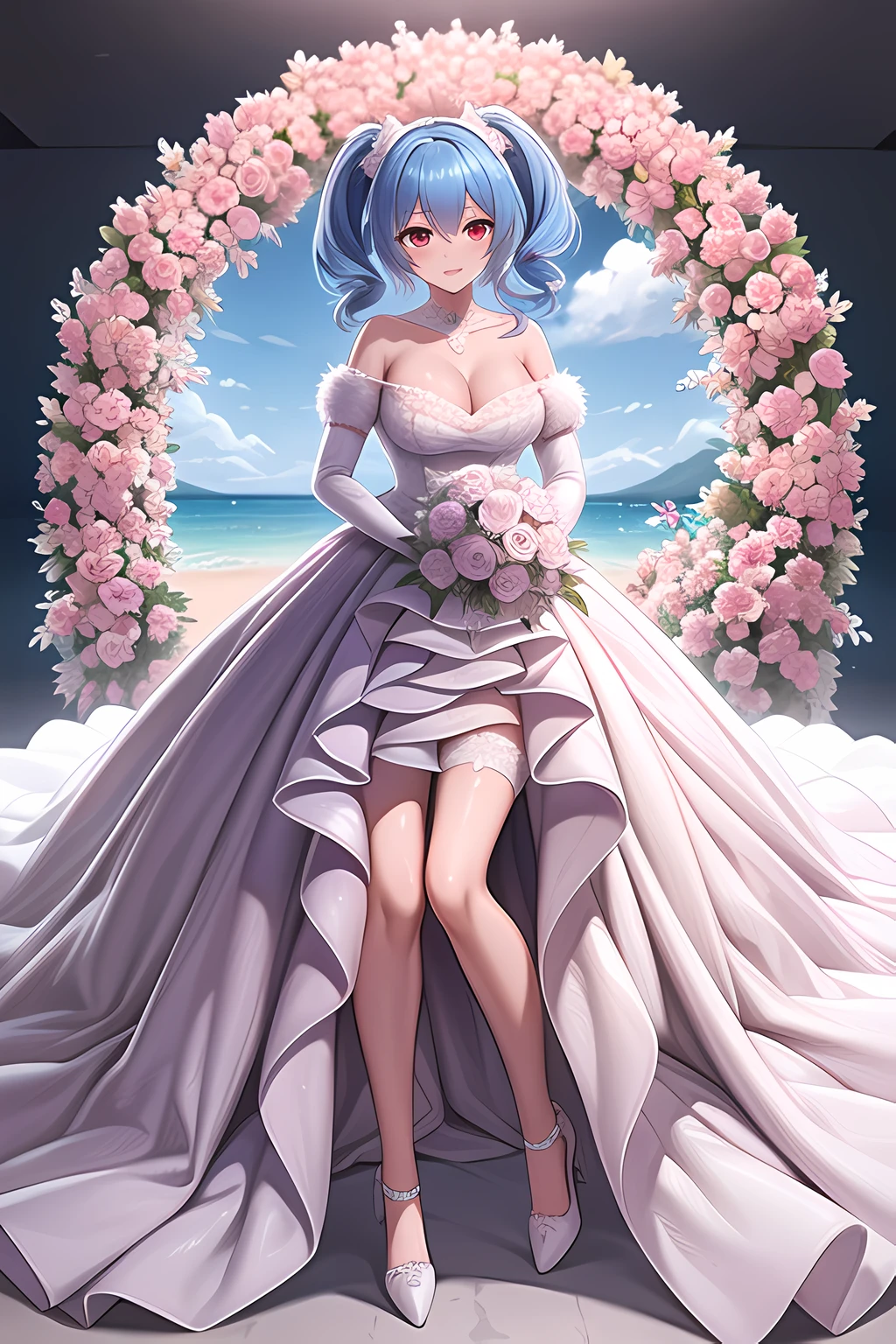 Prinz Eugen,((Masterpiece)), (((Best quality))), ((Ultra-detailed)), ((illustration)), ((Disheveled hair)), ((frilld)), (1 girl), (Solo), Bare shoulders , Blue hair , Bouquet , choker necklace, 鎖骨 , Clothing , dress , Elbow gloves, Female , flower , frilld, Collection, mitts, hair between eye, Headgear , Holding, holding flower bouquet , holding object , Light smile, view the viewer, Red eyes, Short twin tails, No shoulder strap , Strapless dress , hair tying, double tails, two hand , (Wedding dress:1.2), a white choker , White dress, White gloves, a white choker , white sash ,
