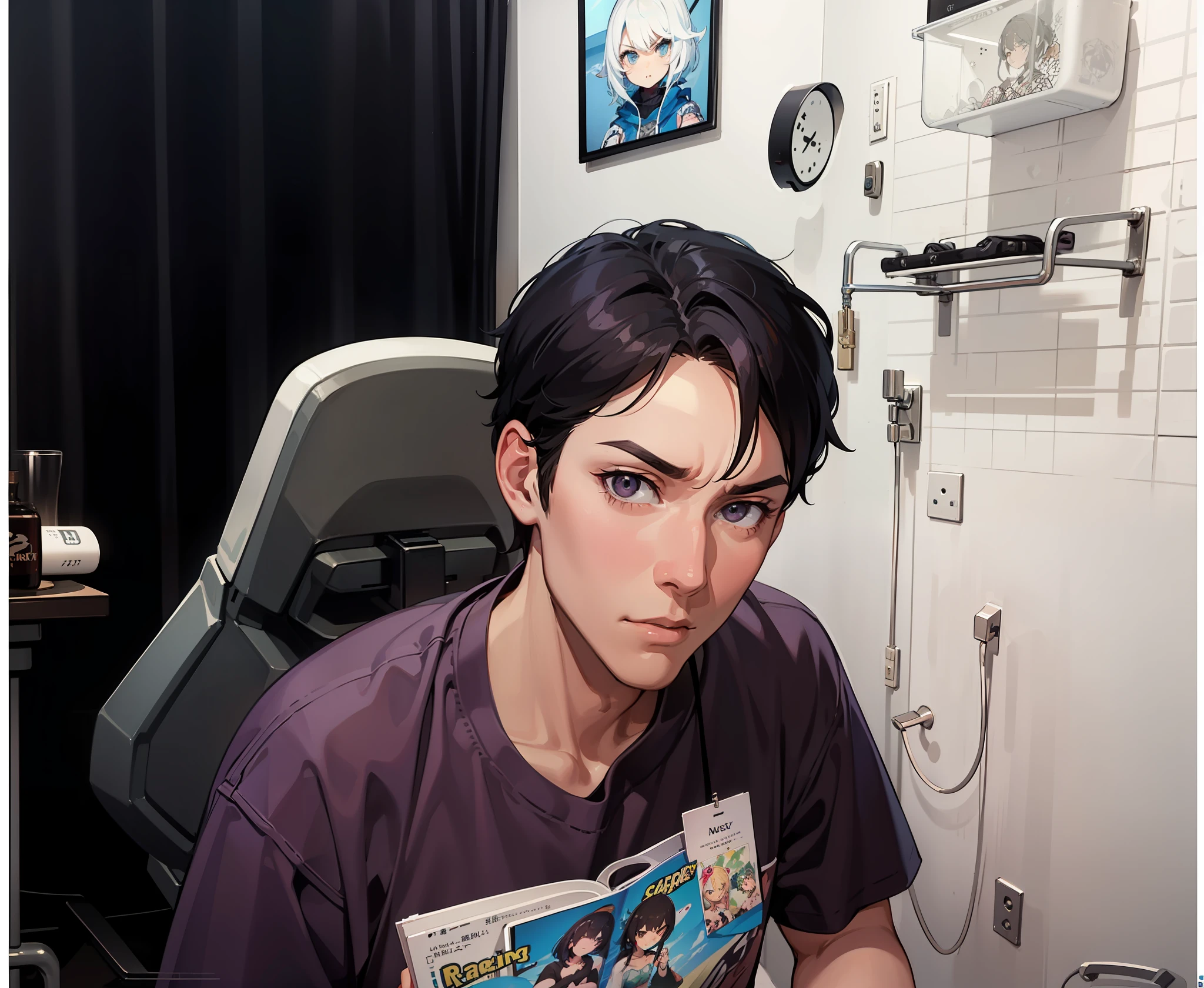 Gaming Chair、Man's room、musculature、Men with big noses、is looking at the camera、Glaring、Scary face、Girls with medium hair、a picture、Girl with short hair、Girl with hair without habit、a picture