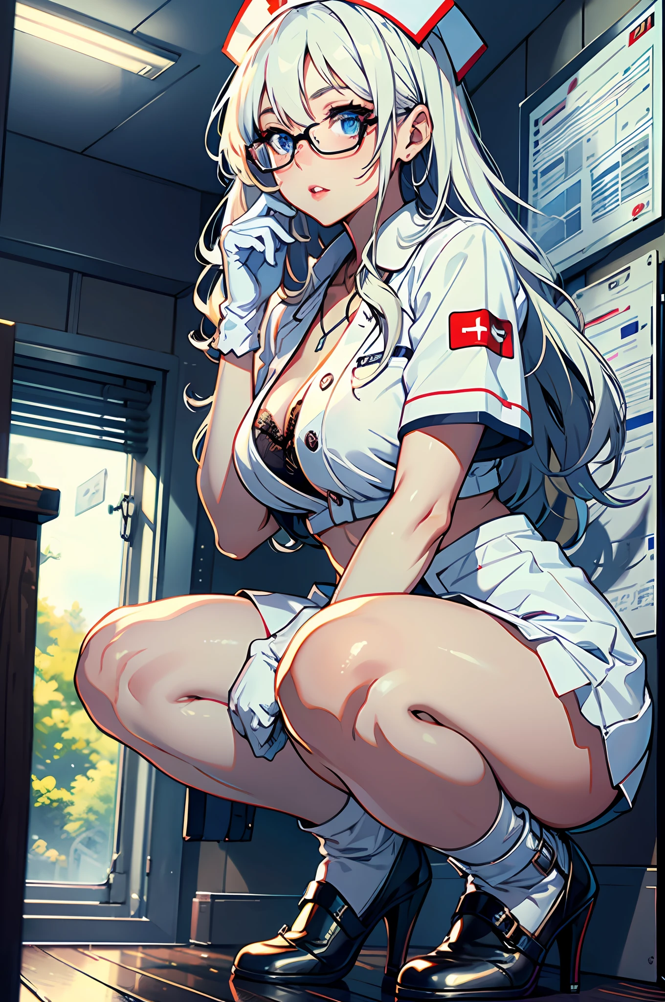 1girl in, (Solo:1.2), (beautifully detailed eyes), (beautiful and detailed face), Perfect female body, (neat figure), Slender waist, (20yr old), Long hair, Platinum Blonde Hair, Two-side-up,Very big eyes, Blue eyes, Small glasses, Smaller chest, cleavage, blush, Shy, watery lips, Nurse, (Nurse Uniform), Nurse Cap, tight skirts, (Stunning lace underwear), (White Gloves:1.2), (White pantyhose), high-heels, a necklace, Hospital bed, White curtains, Sunlight, Squatting, Have medical records and thermometers, (Best Quality), (ultra-detailliert), (masuter piece), (hight resolution), (Original), (the Extremely Detailed CG Unity 8K Wallpapers), Character Design, Game CG, Detailed Manga Illustration