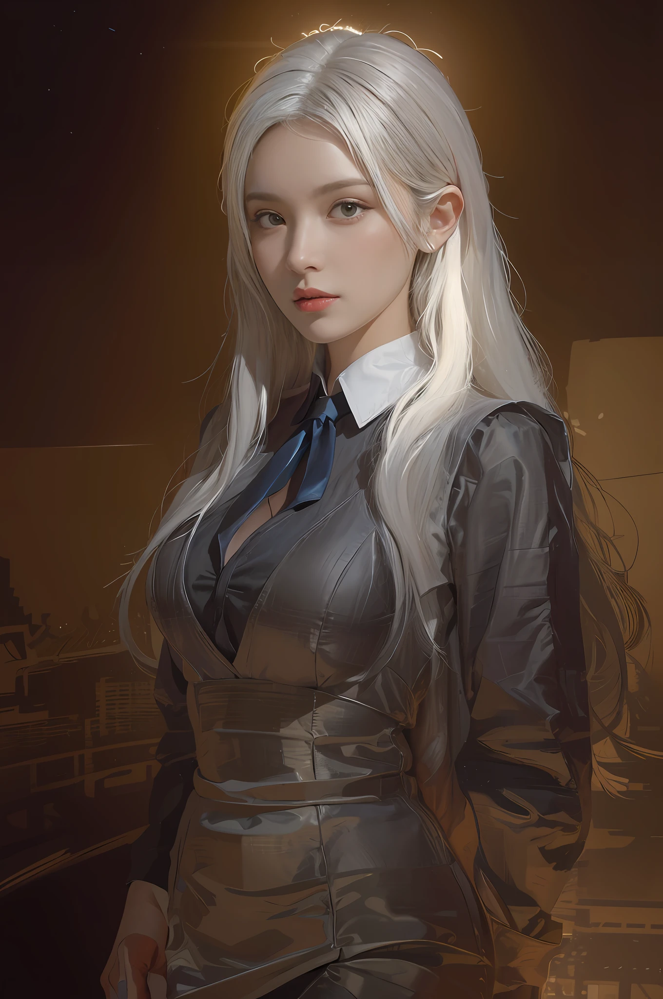 (In the Dark: 1.6), surreal female portrait by David Hockney and Alphonse Mucha, fantasy art, photorealism, dynamic lighting, artstation, poster, volumetric lighting, very detailed faces, 4k, Award Winning, 1girl, In Dark, Deep Shadow, Low Key, Cowboy Shot, (Stewardess Uniform: 1.4), Long Hair, White Hair, Bust, Terminal, Medium Boobs