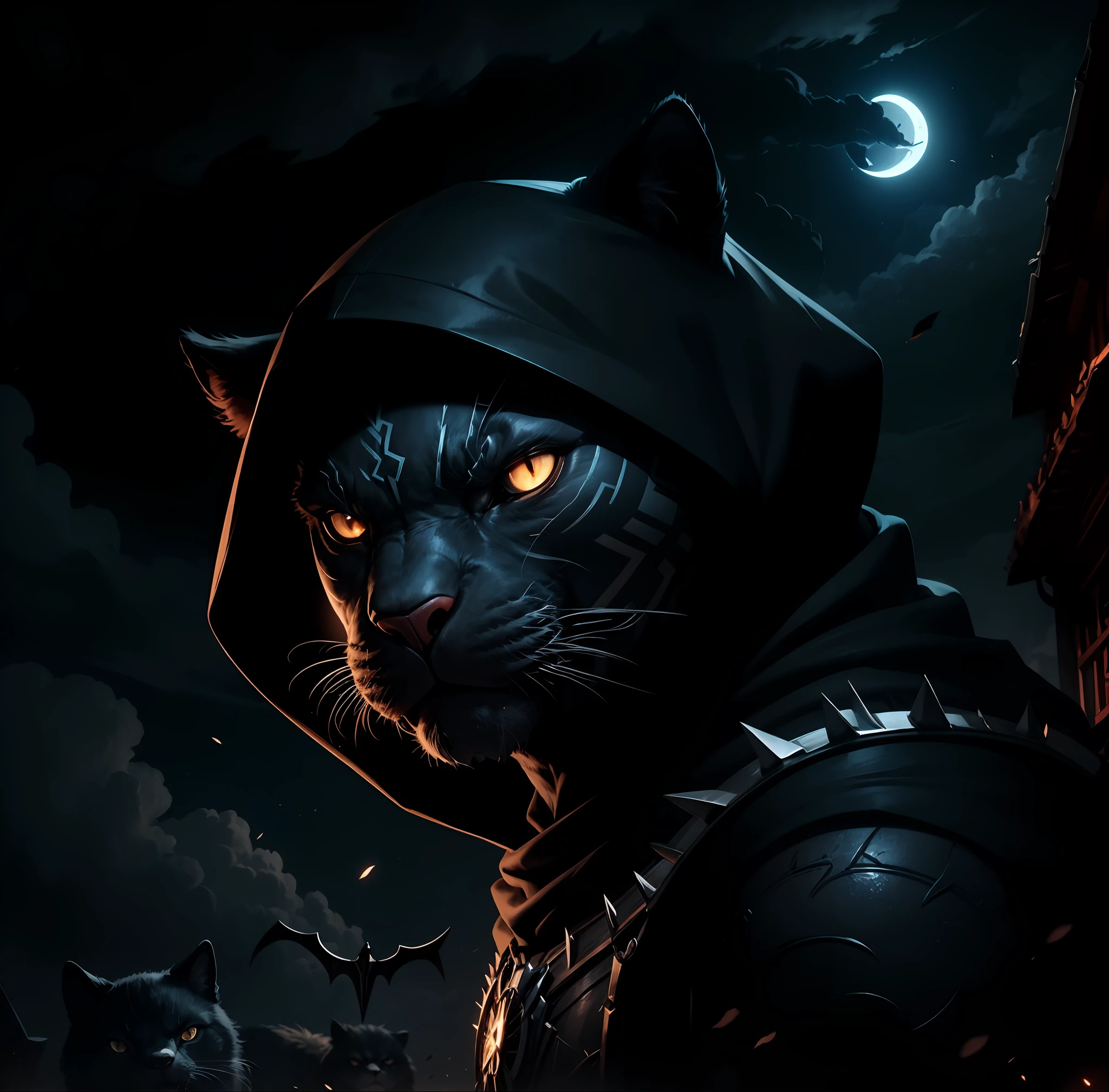 (best qualtiy,8K,32K,tmasterpiece,hyper HD:1.2),photore,The upper part of the body,assassins,Audience-oriented,Beast face,Black Panther,Black hood,clawed paws,daggers,night sky background,rays of moonlight,background inside dark,fur,Animal hair,Black fur --auto