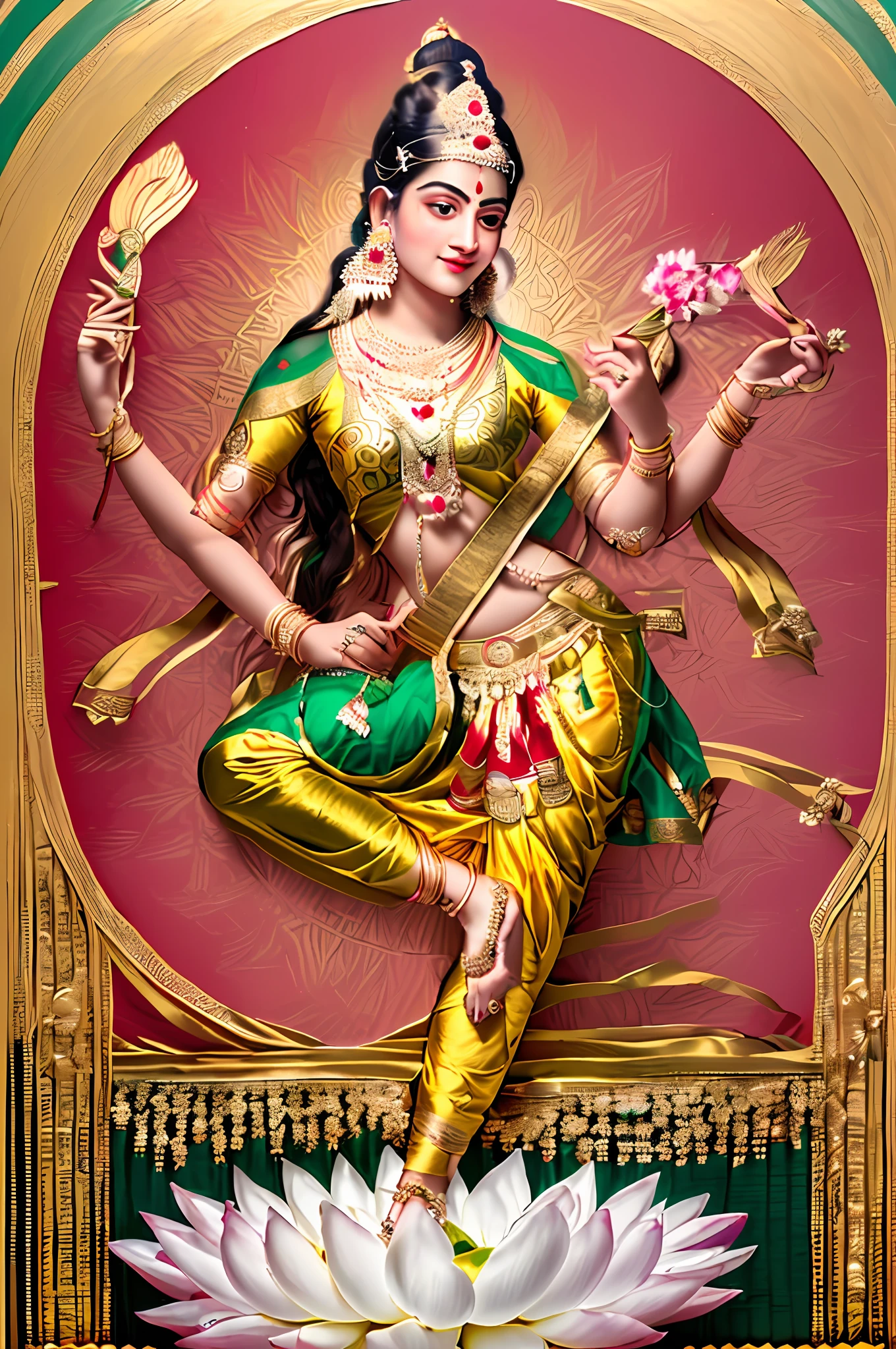 A beautiful woman plays a sita on a lotus, beautiful figure，White skin of the，Medium chest，Delicate，Perfect body structure，exquisite detailing，delicated，Exquisitely，illustrious，Inspired by Raja Ravi Varma, Sukarski Ravi Varma, author：Raja Ravi Varma, goddes, goddess of love and peace, indian goddess, a stunning portrait of a goddess, inspired by T. K. Padmini, portrait of a beautiful goddess, flod, apsaras warrior