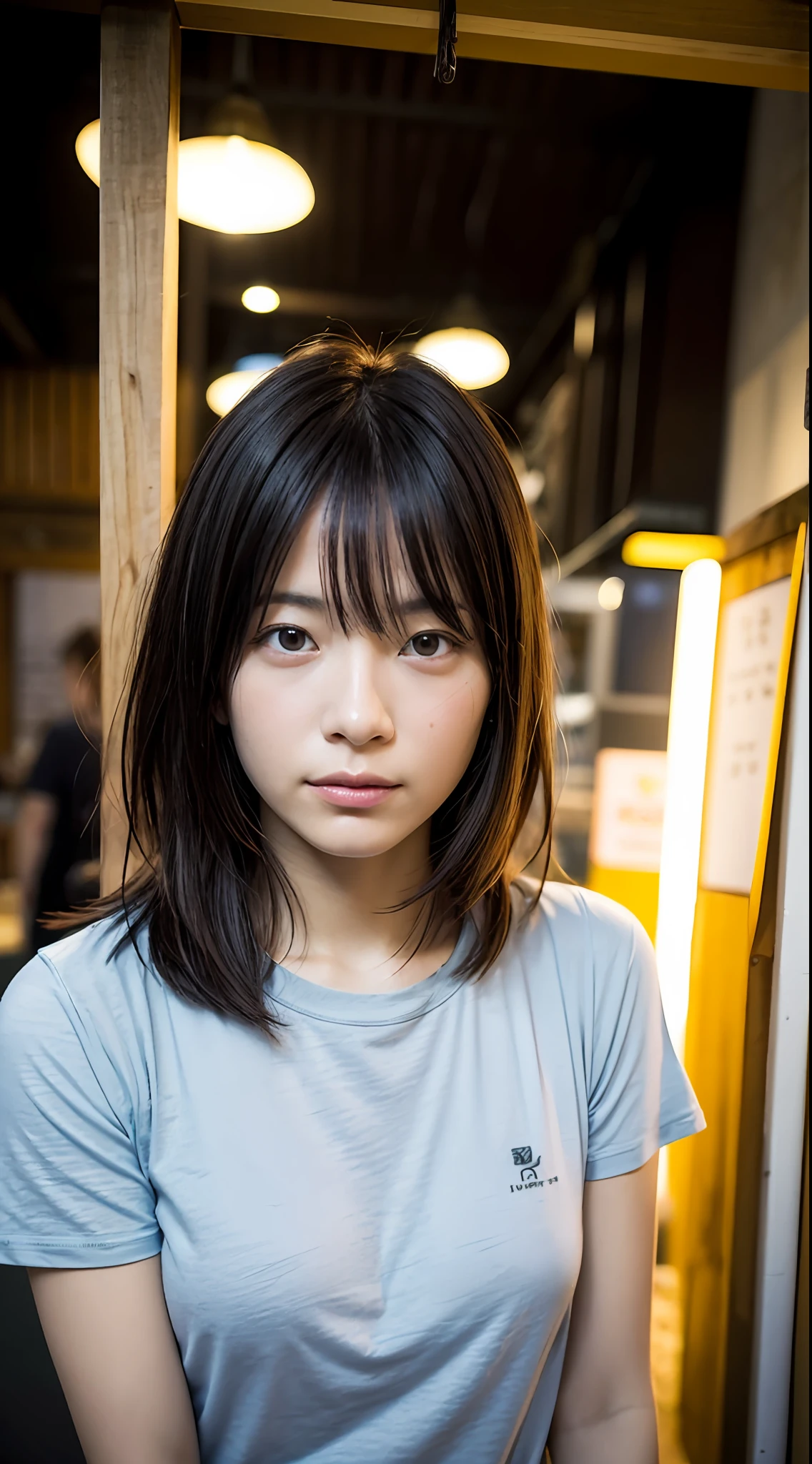 doress、(Photorealsitic:1.4)、(hyper realisitic:1.4)、(realisitic:1.3)、(Smooth lighting:1.05)、(Improved lighting quality in movies:0.9)、32K、1girl in、20 years girl、Realistic lighting、Back lighting、Facial light、raytrace、(brightened light:1.2)、(enhanced quality:1.4)、(Top quality real texture skins:1.4)、finely eye、finerly detailed face、Fine quality eye、(Tired, sleepy and satisfied:0.0)、 close up of face、tshirts、(enhance body line mood:1.1)、(Increase the beauty of skin texture:1.1)、((fukada kyoko))、Downtown Tokyo、food stand、izakaya、jpn