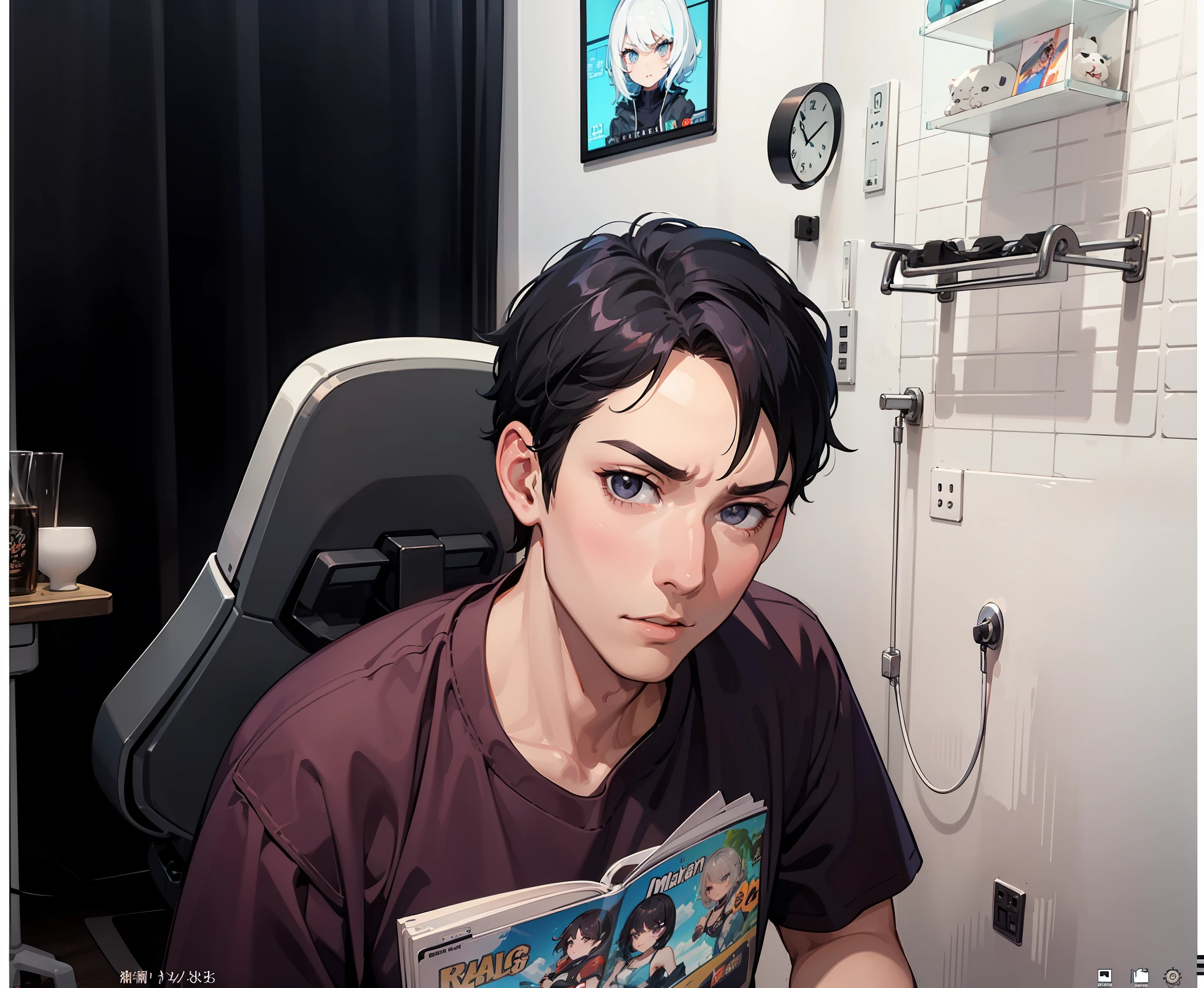 Gaming Chair、Man's room、musculature、Men with big noses、is looking at the camera、Glaring、Scary face、Girls with medium hair、a picture、short hair girl、Girls with unhabitual hair、a picture、Photo of a girl with gray eyes
