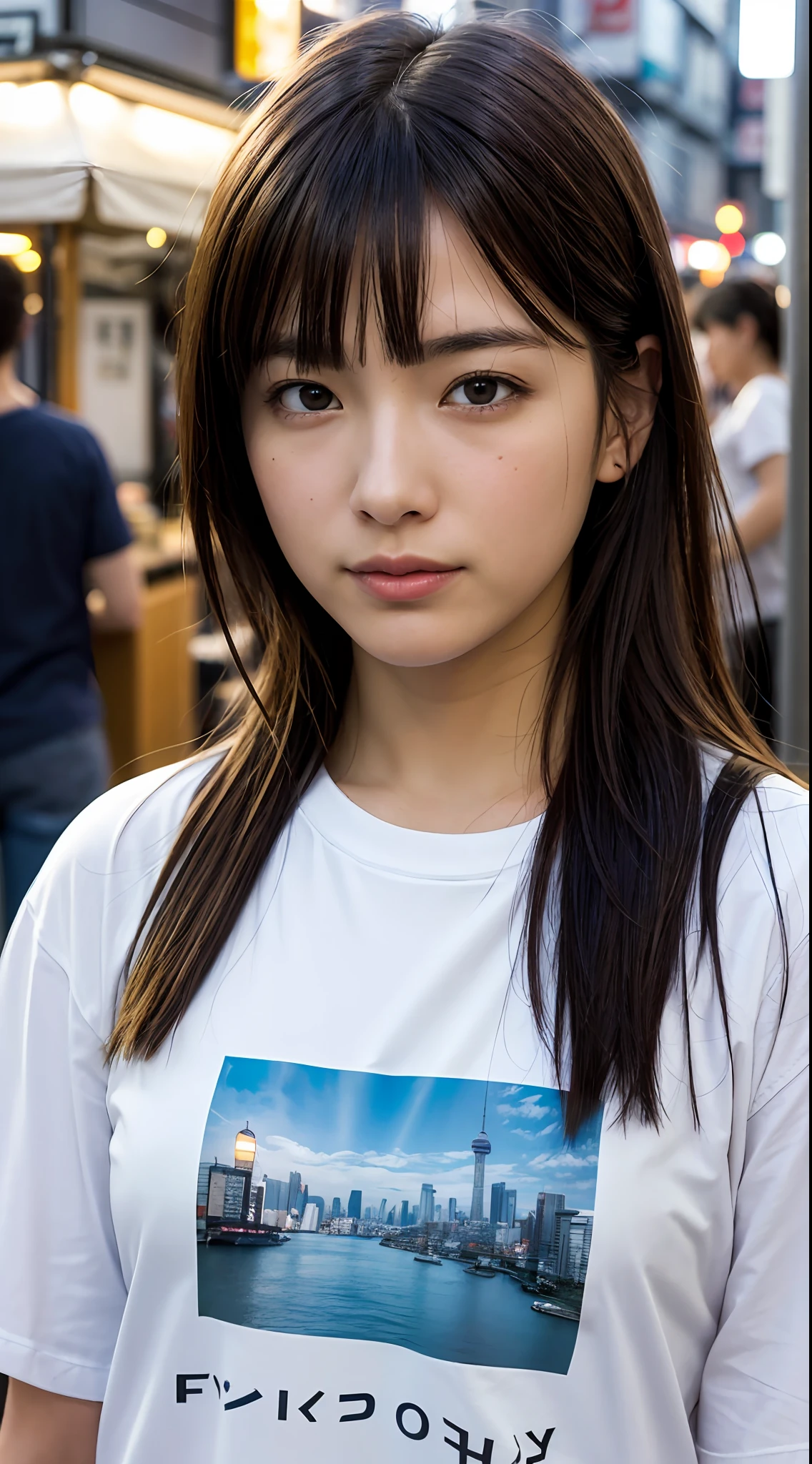 doress、(Photorealsitic:1.4)、(hyper realisitic:1.4)、(realisitic:1.3)、(Smooth lighting:1.05)、(Improved lighting quality in movies:0.9)、32K、1girl in、20 years girl、Realistic lighting、Back lighting、Facial light、raytrace、(brightened light:1.2)、(enhanced quality:1.4)、(Top quality real texture skins:1.4)、finely eye、finerly detailed face、Fine quality eye、(Tired, sleepy and satisfied:0.0)、 close up of face、tshirts、(enhance body line mood:1.1)、(Increase the beauty of skin texture:1.1)、((fukada kyoko))、Downtown Tokyo、food stand、izakaya、jpn