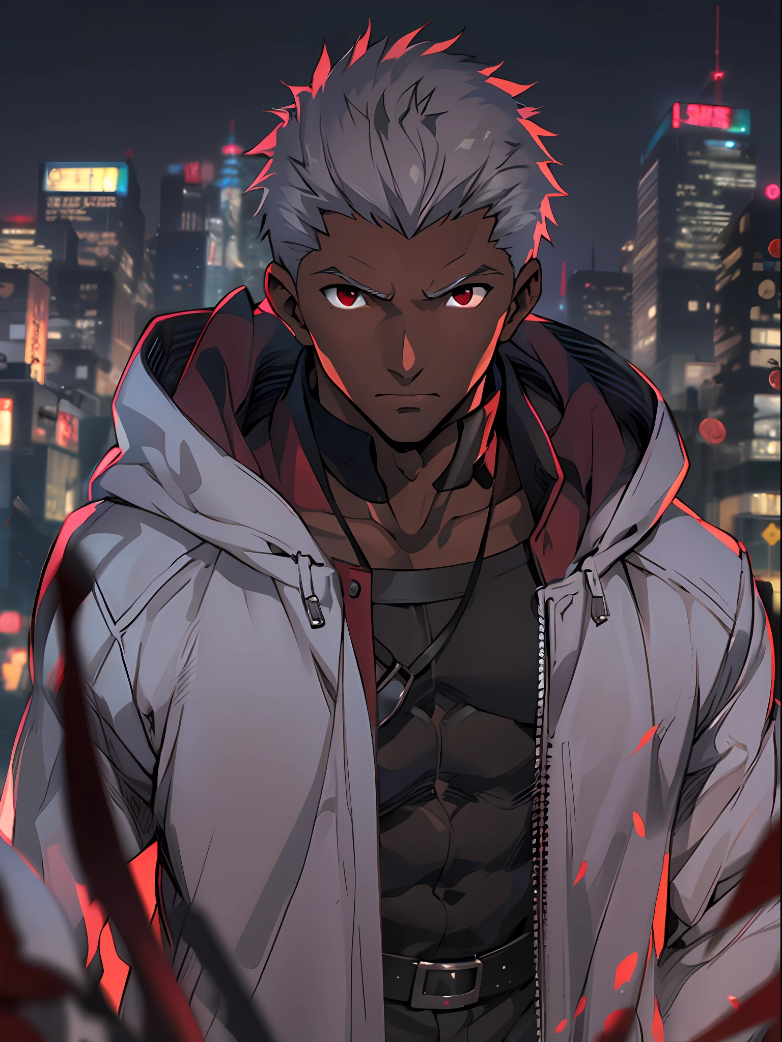 masterpiece, best quality, 1boy, solo, dark-skinned toned male, facing viewer, red eyes, ulra detailed, 8k, high res, (detailed manly face: 1.2), (anime: 1.3), fate unlimited blade works, award winning, anatomically correct, eye focus, (emiya /(archer/):1.2), (fate/unlimited blade works: 1.3), (anime style: 1.3), dark skin, fate anime style, red jacket, black shirt, covered abs, night city background, cinematic lighting, silver hair,