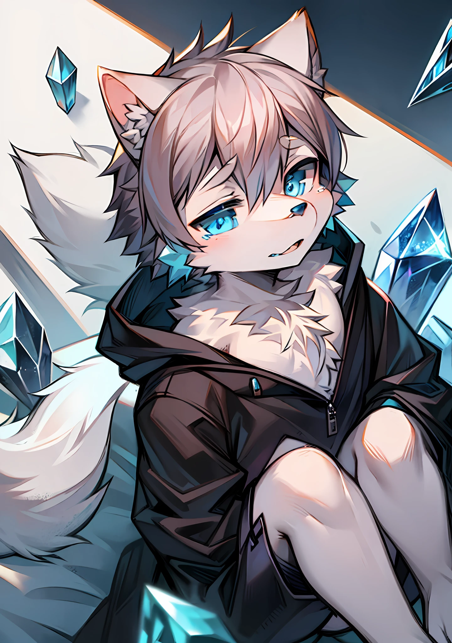Furry,Wolf Boy,White fur,crystal blue eyes,Single fluffy tail,greyt hair,short detailed hair,