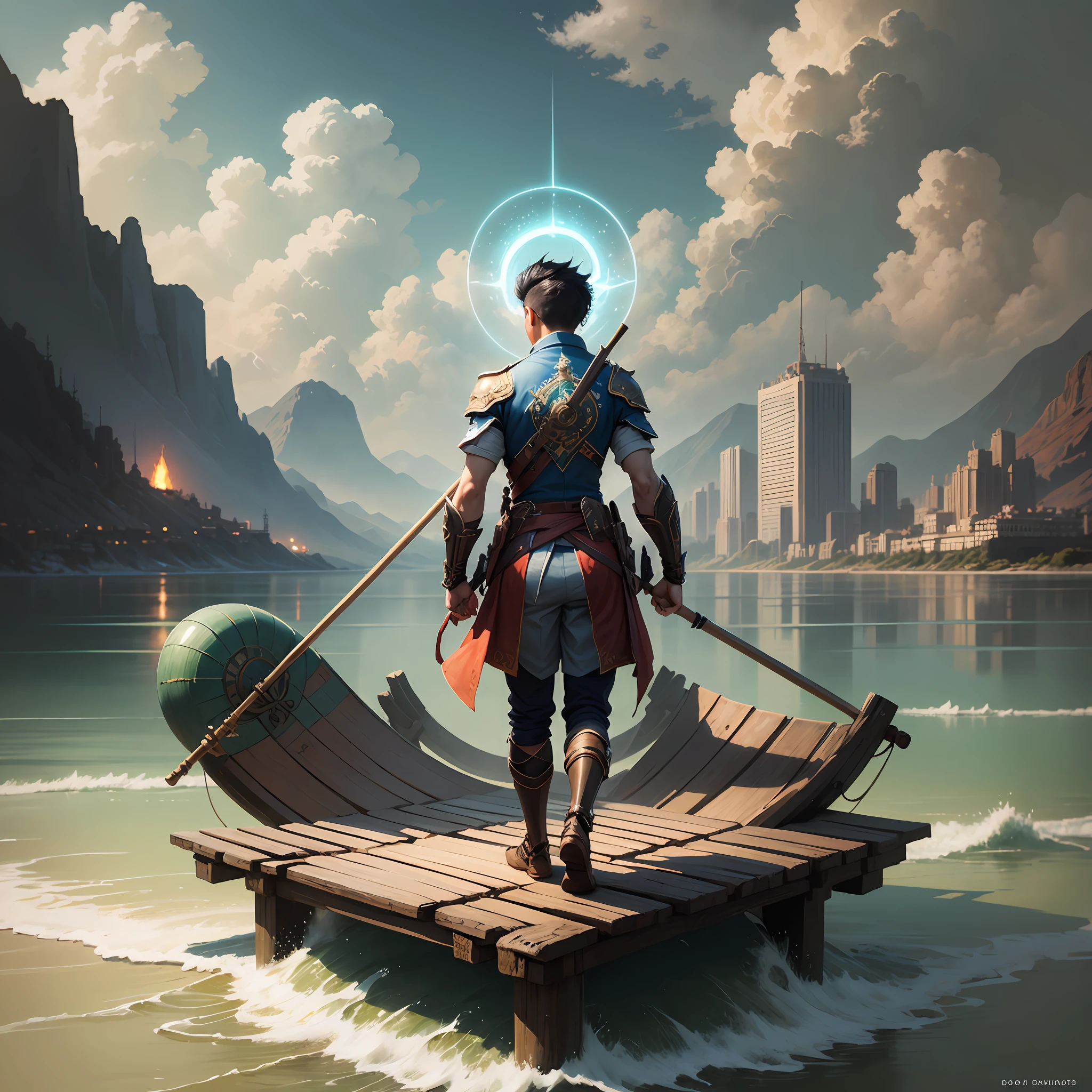 A boy stands on the sea,A bamboo stick is stepped on under his feet,Look at the city in the distance,ross tran(Ross Tran)A detailed painting,Take pixai,Fantasyart,artstation hd,Anime aesthetics are featured --auto --s2