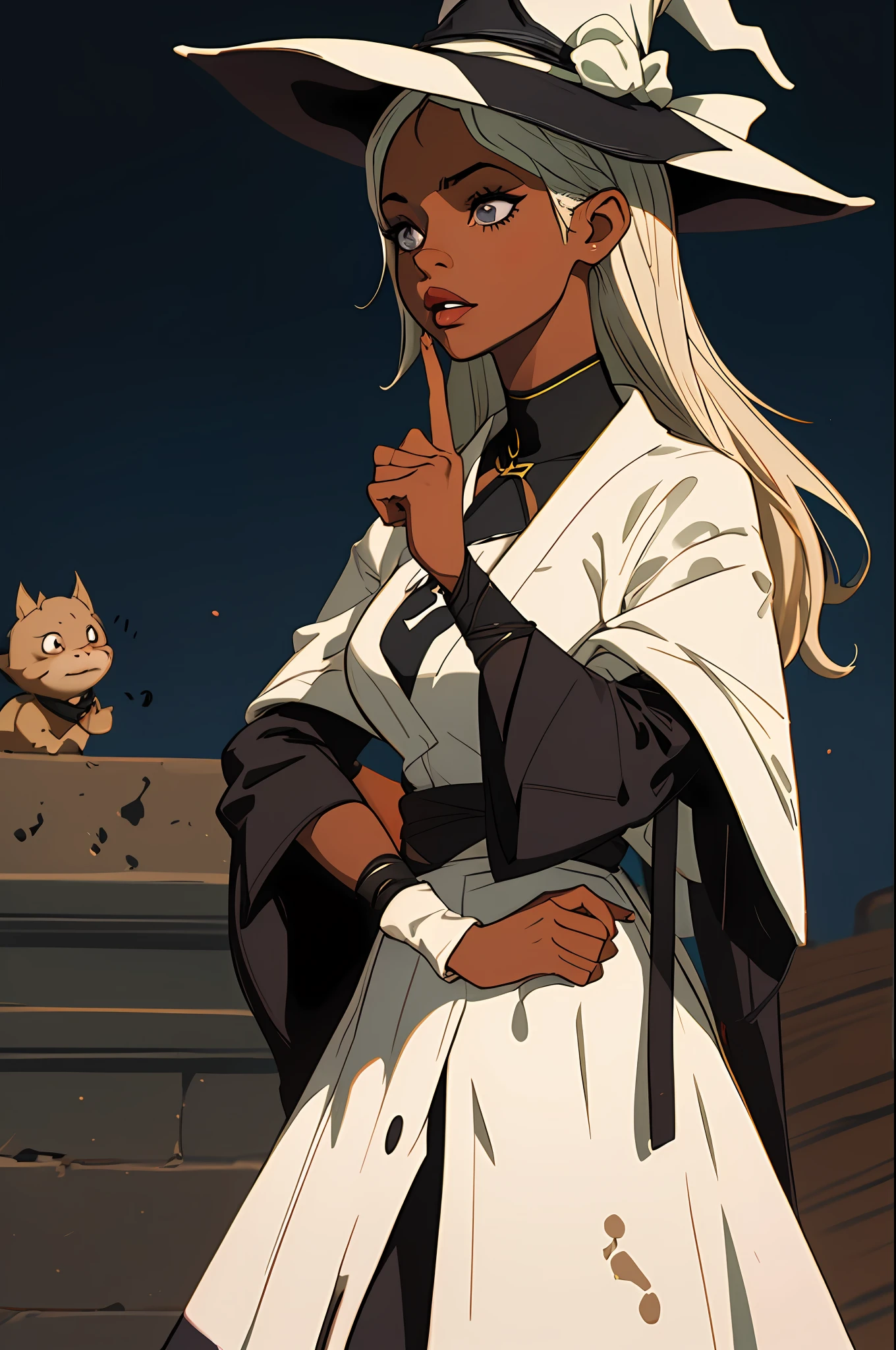 1menina, cabelo curto, dark skinned female, pele escura, kalap, witch hat
