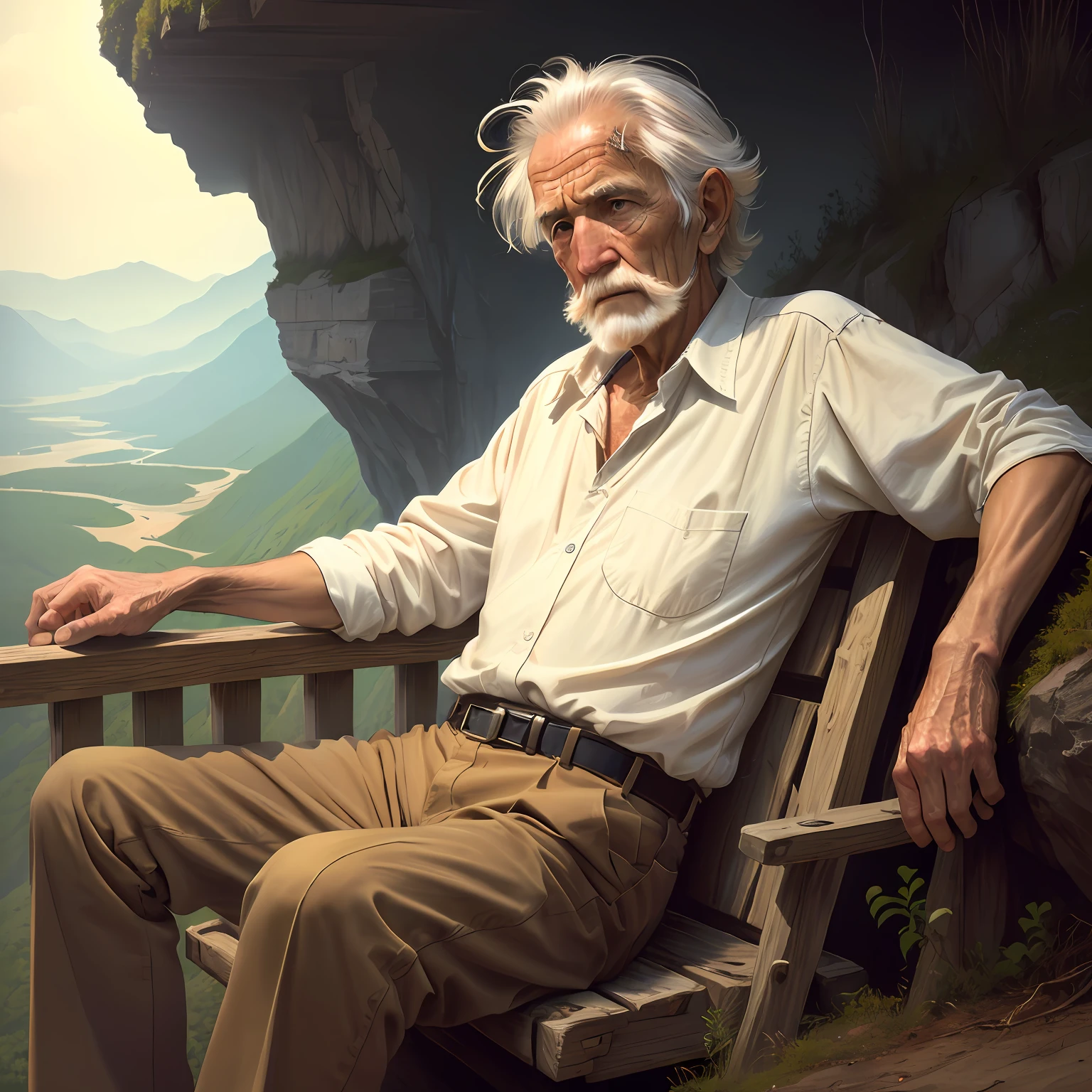 A old man，whaite hair，precipice，on  back，Need